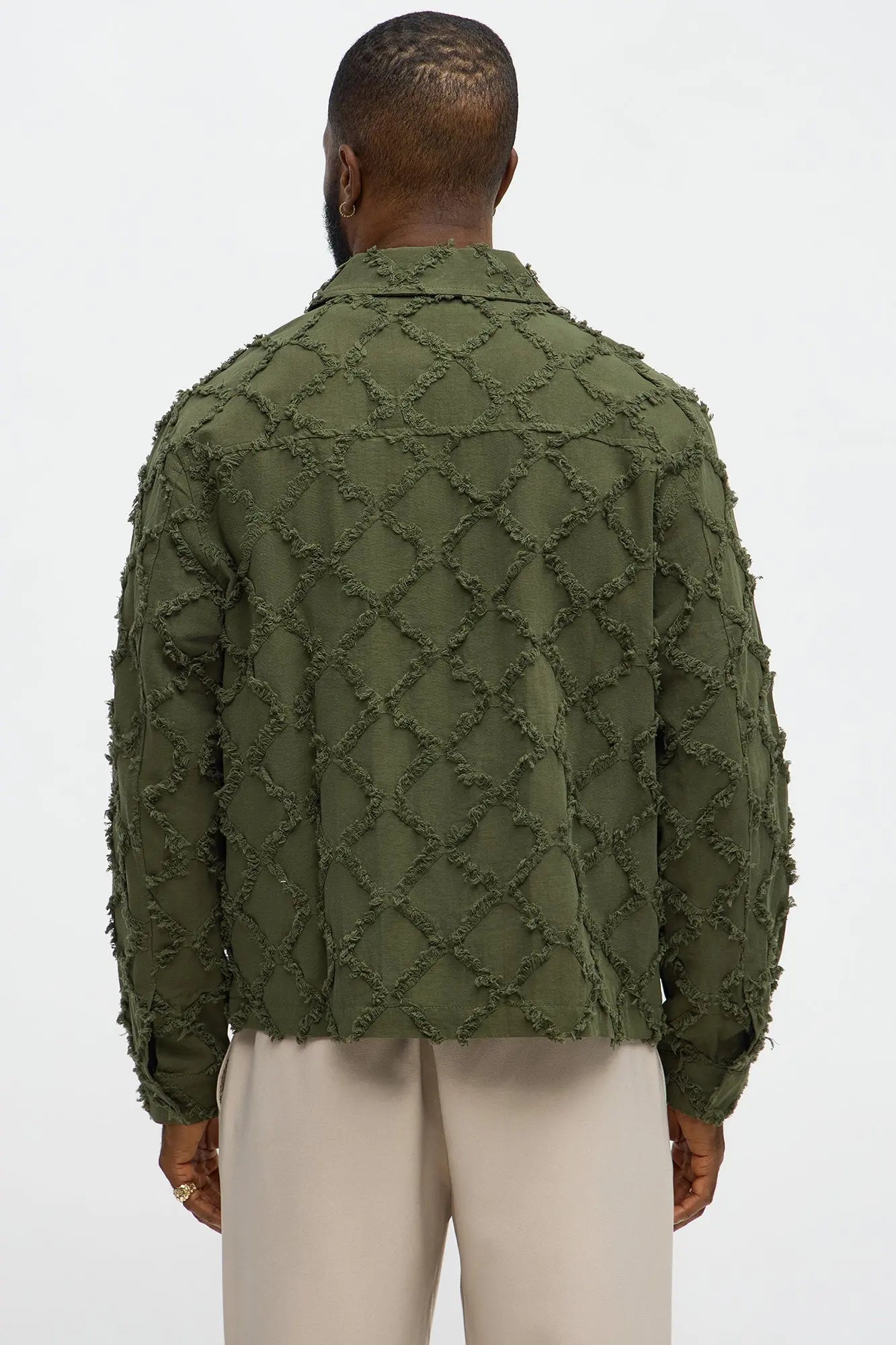 Textured Diamond Frayed Work Jacket - Green