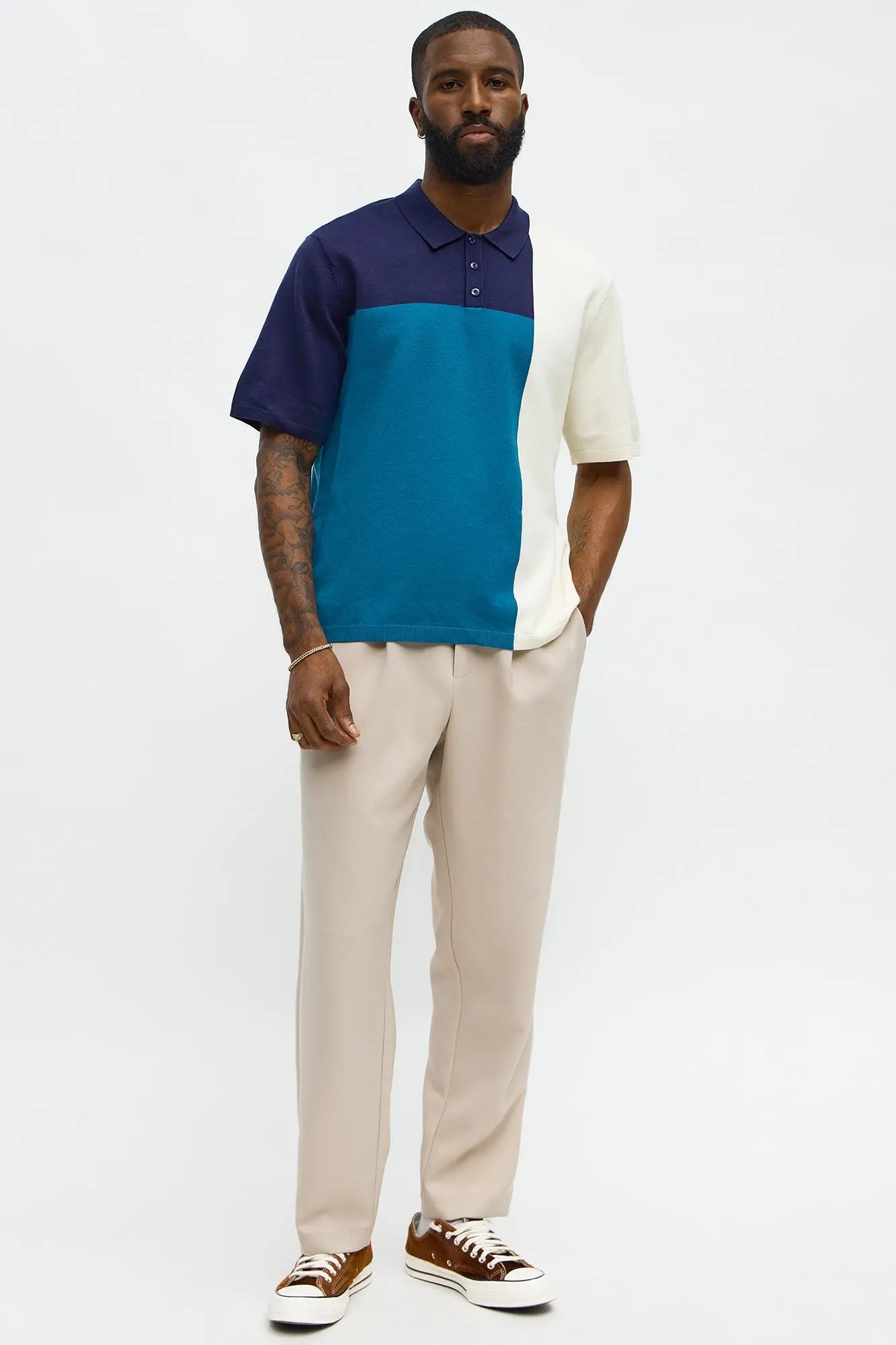 Tetris Color Blocked Knitted Polo - Blue/combo