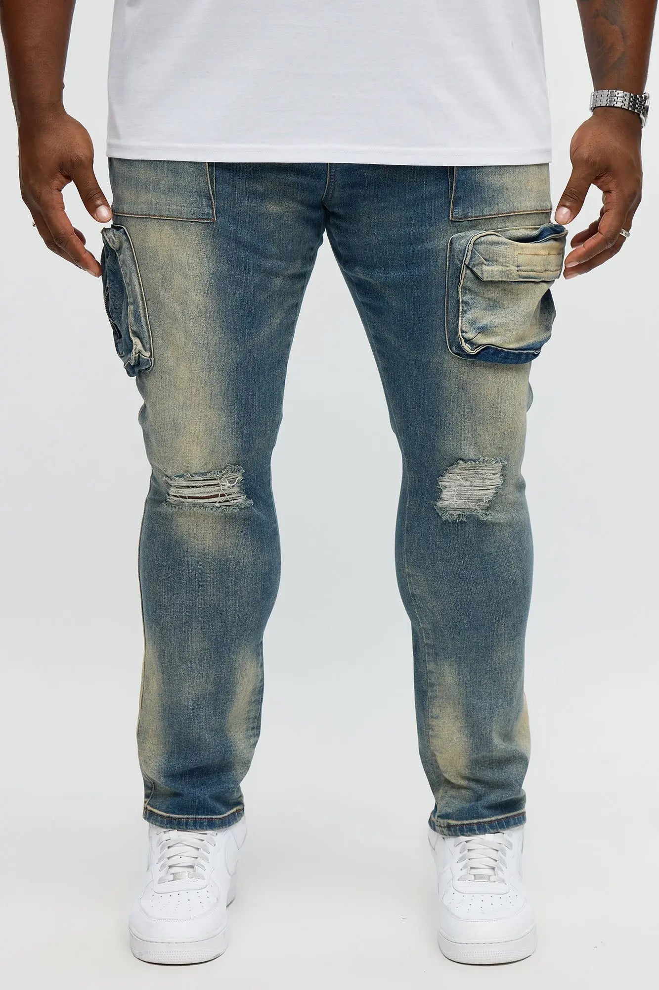 Skinny Raid Distressed Cargo Jeans - Vintage Blue Wash