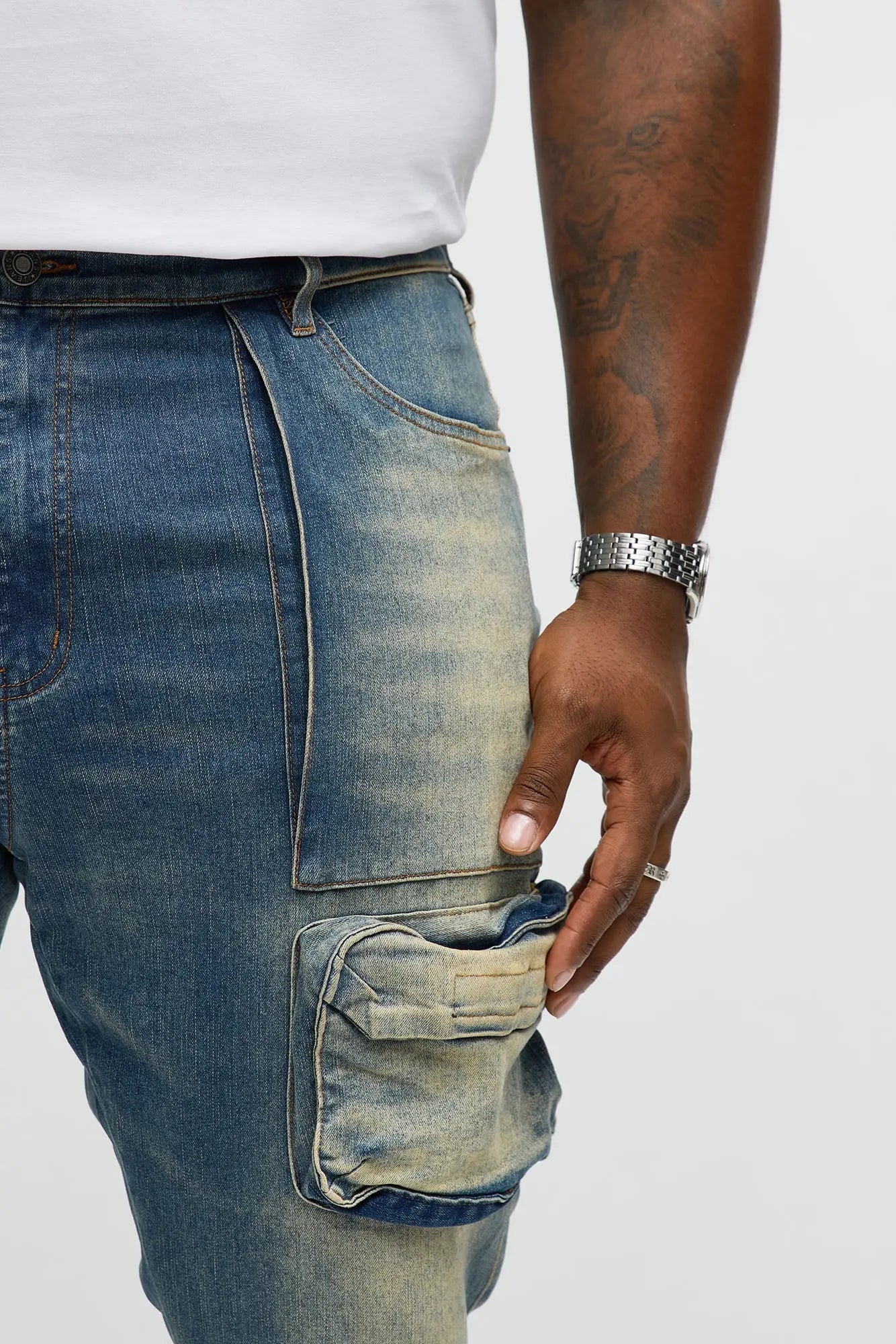 Skinny Raid Distressed Cargo Jeans - Vintage Blue Wash