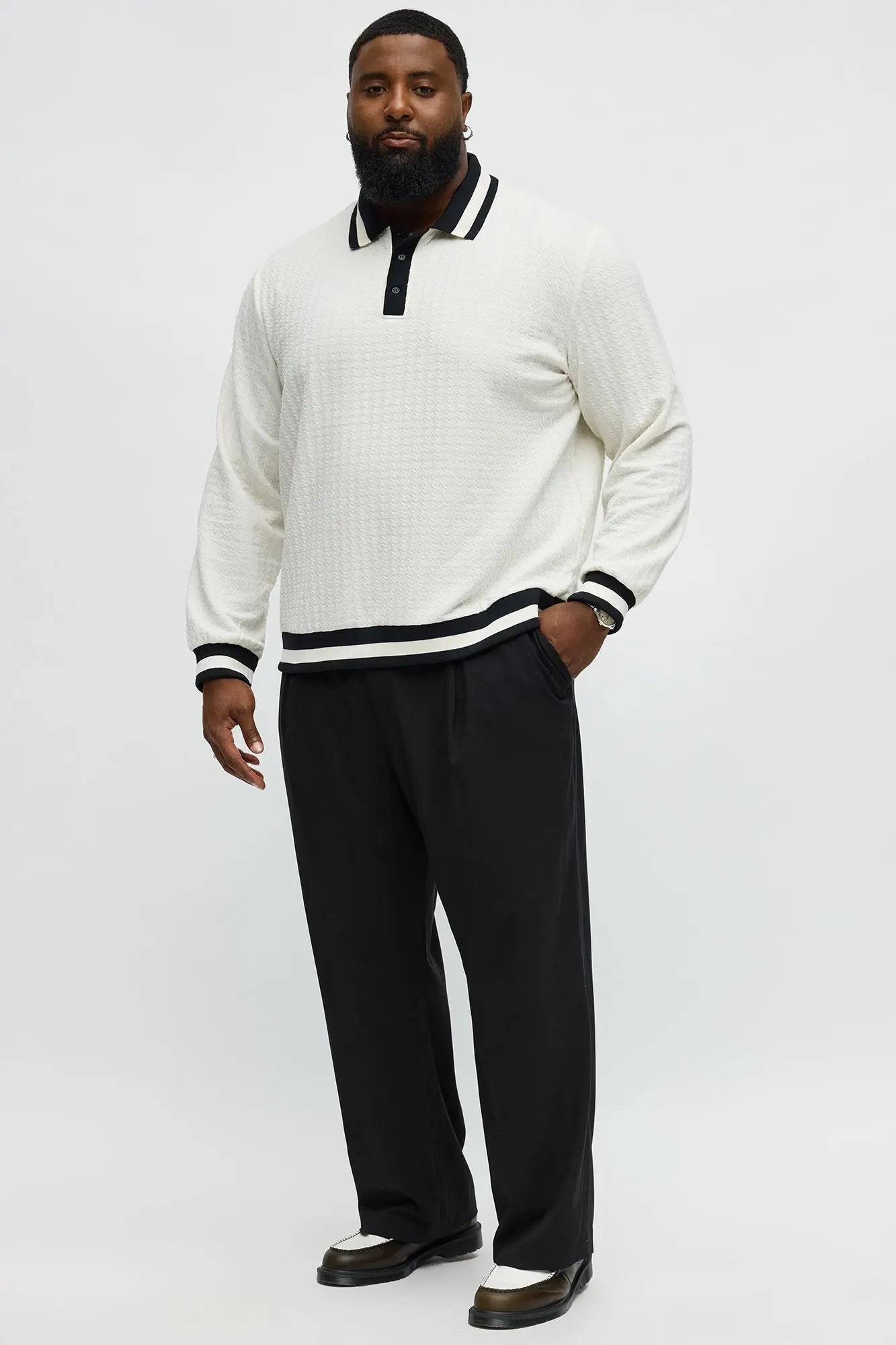 Andrew Textured Knit Long Sleeve Polo - Cream/combo