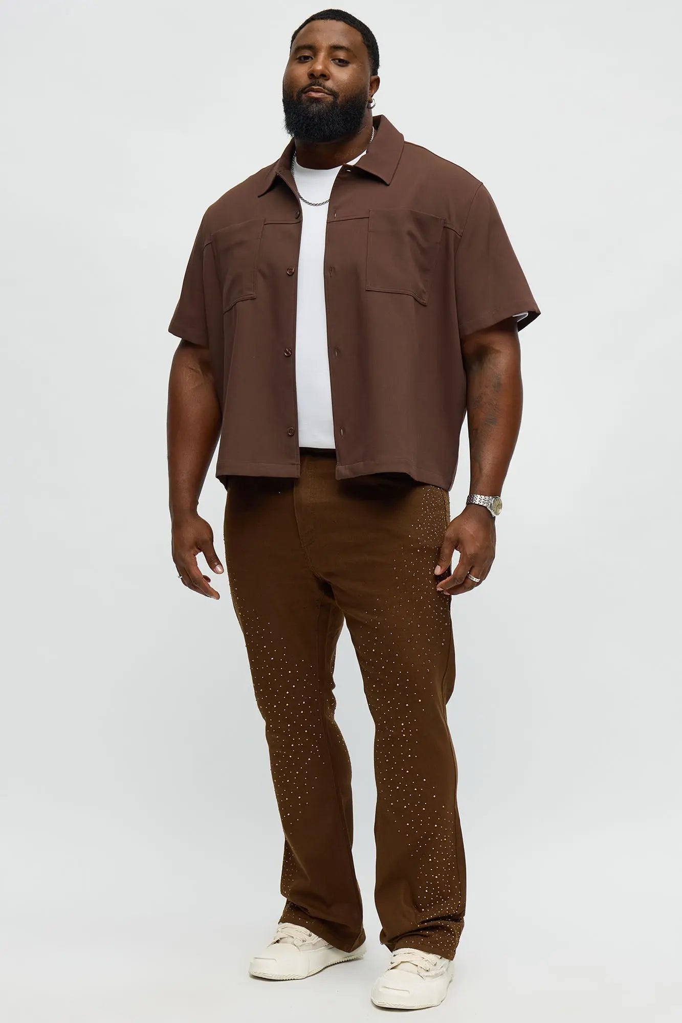 Stacked Skinny Flare Be Jeweled Up Pants - Brown