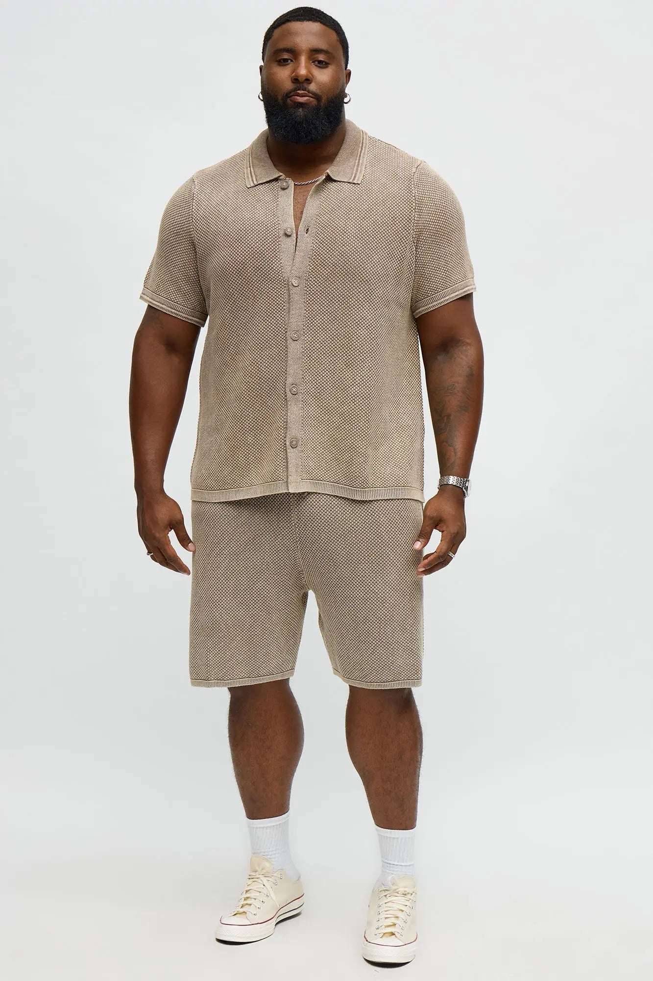 Washed Short Sleeve Button Up Shirt - Brown/combo