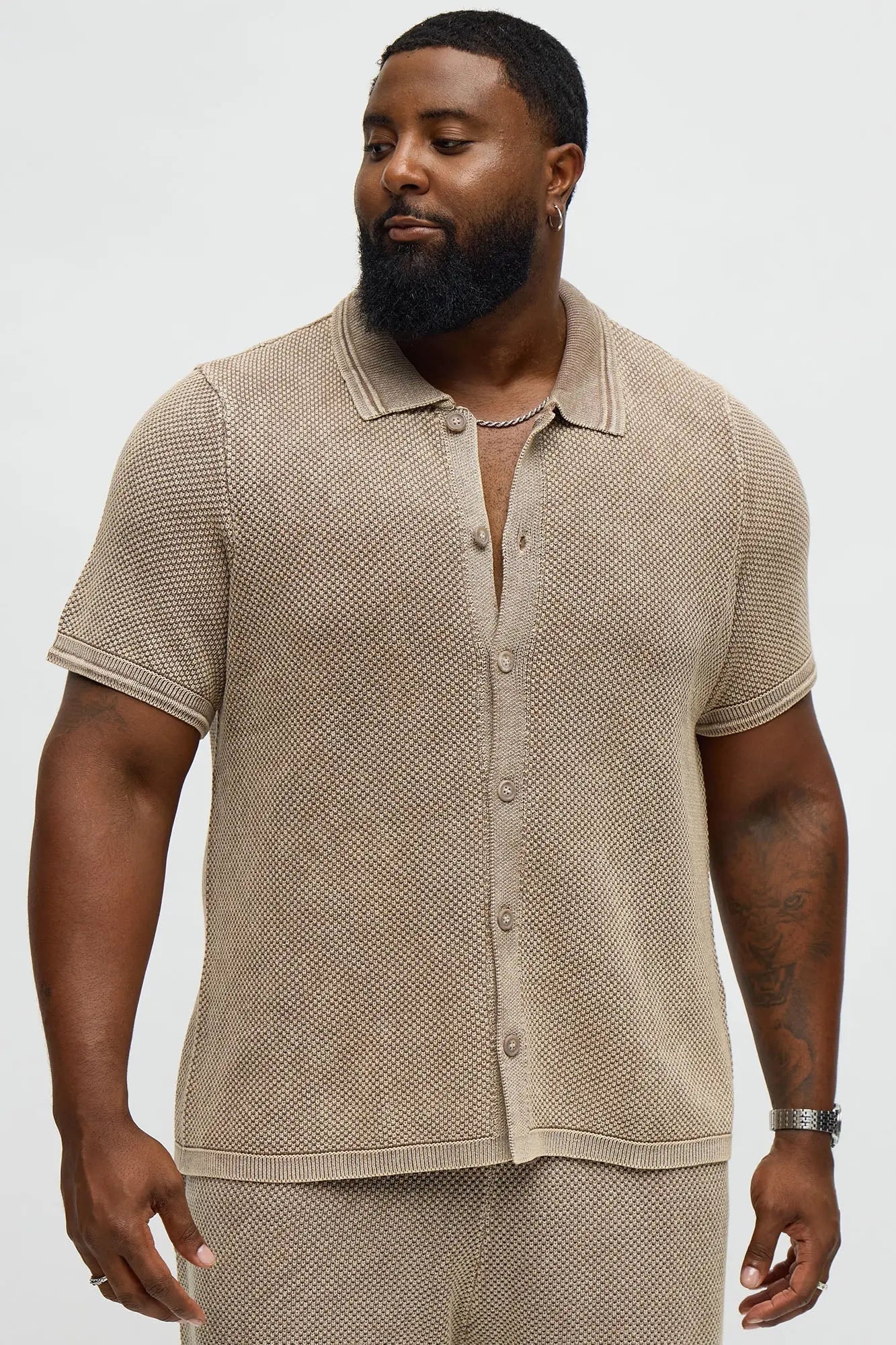Washed Short Sleeve Button Up Shirt - Brown/combo