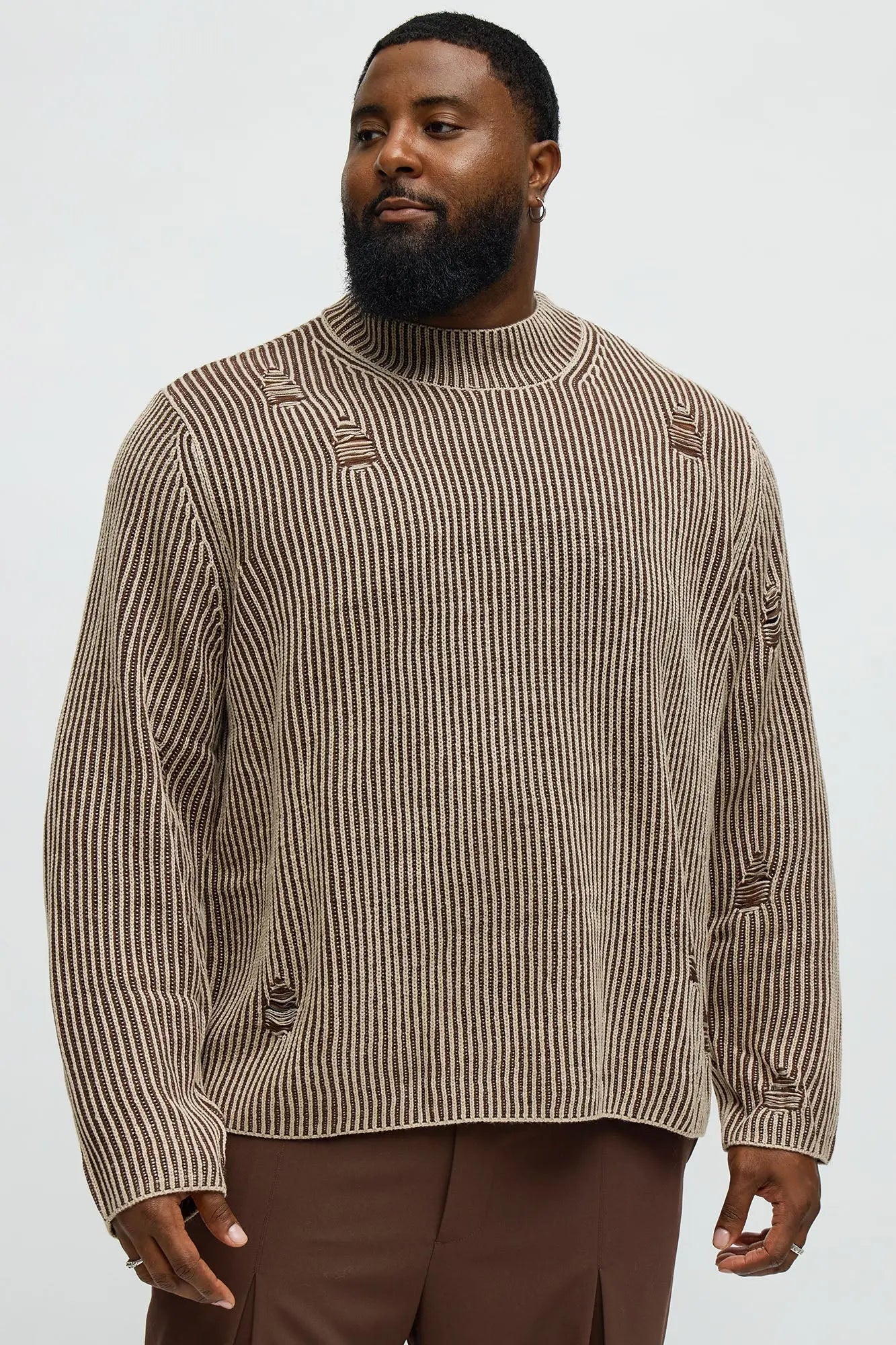 Cedarwood Distressed Mockneck Sweater - Brown Combo