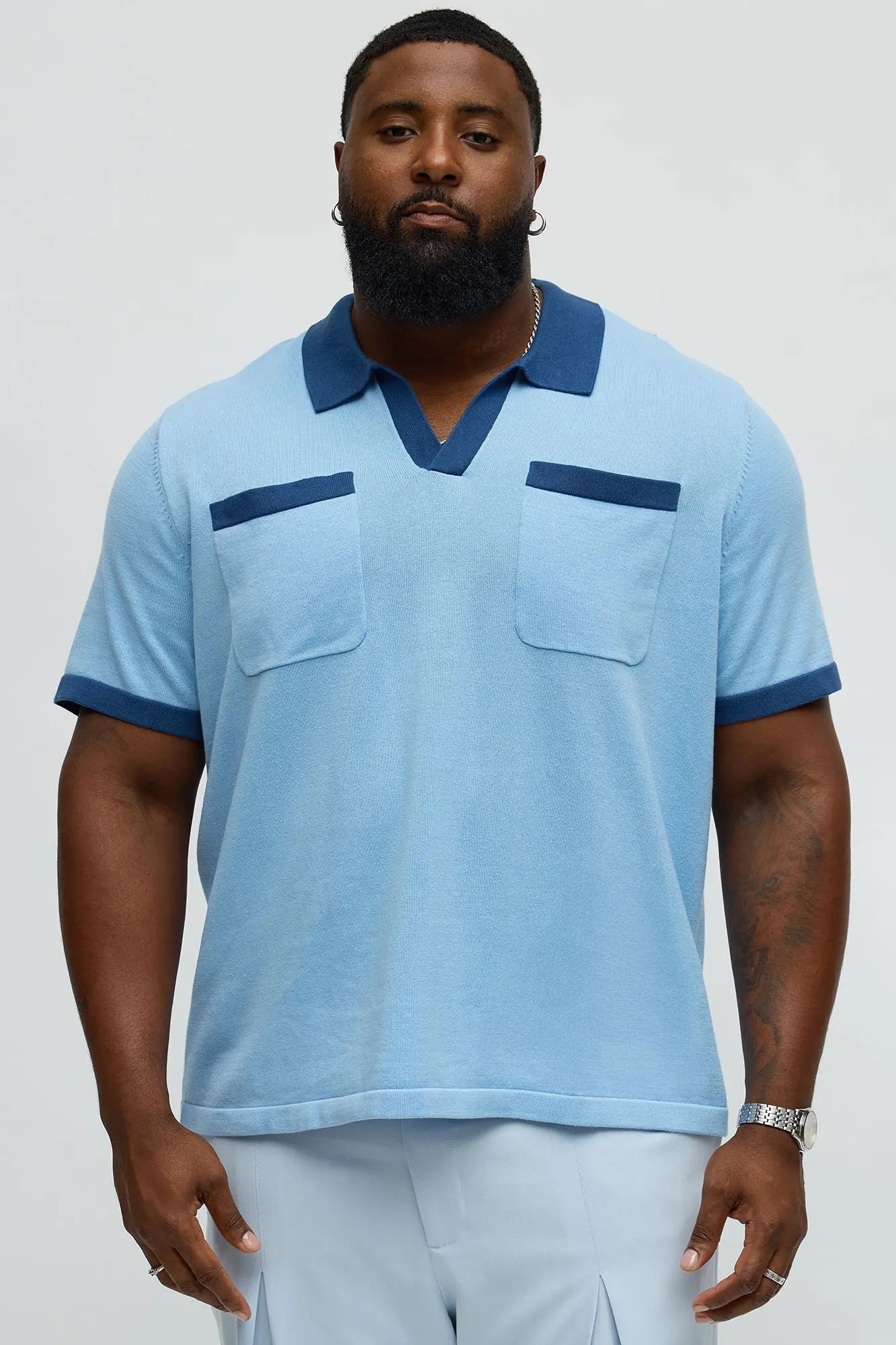Oversized Exaggerated Pockets Lounge Polo - Blue/combo