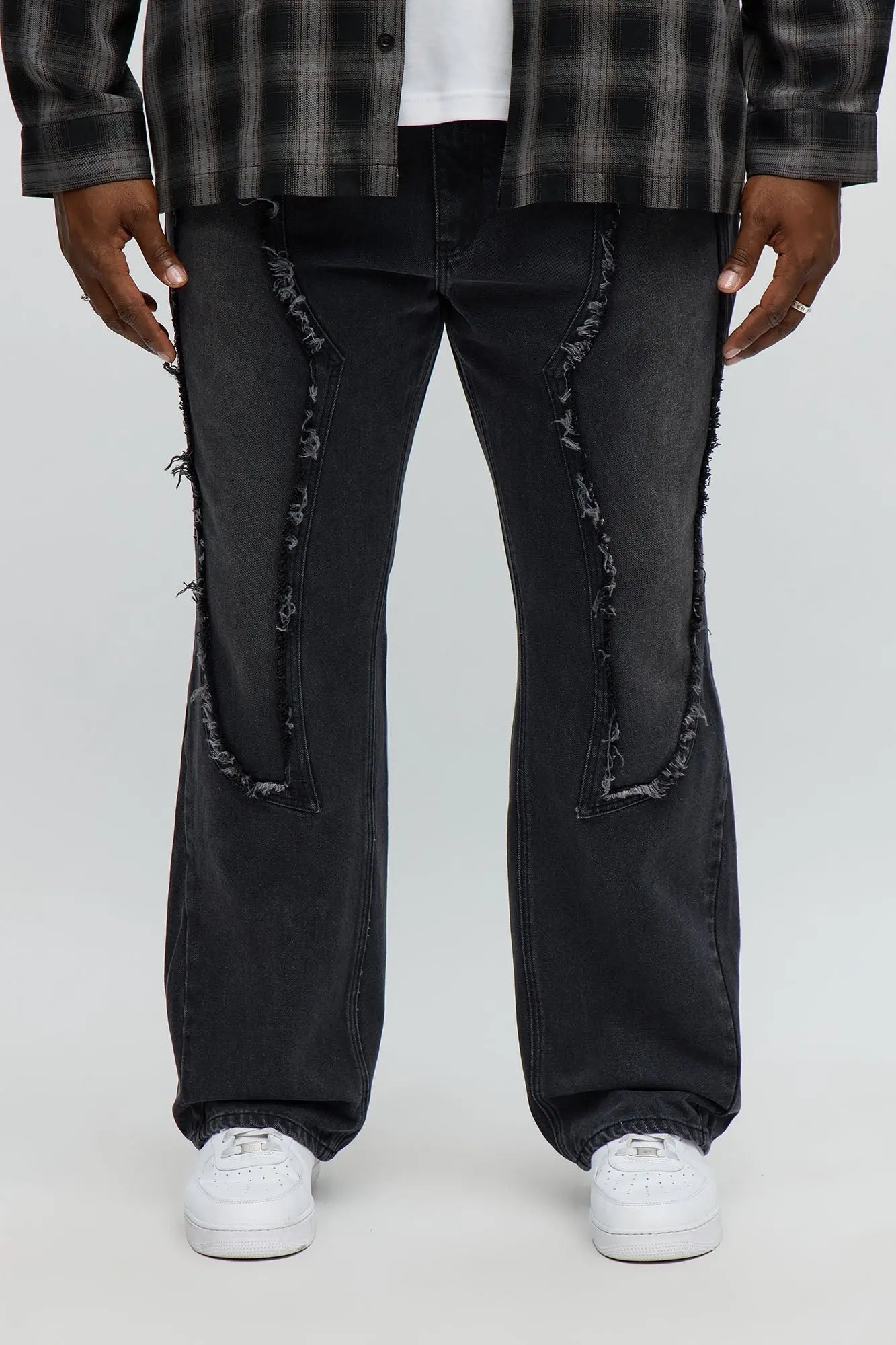 Stacked Slim Flare Diamond Frayed Jeans - Black