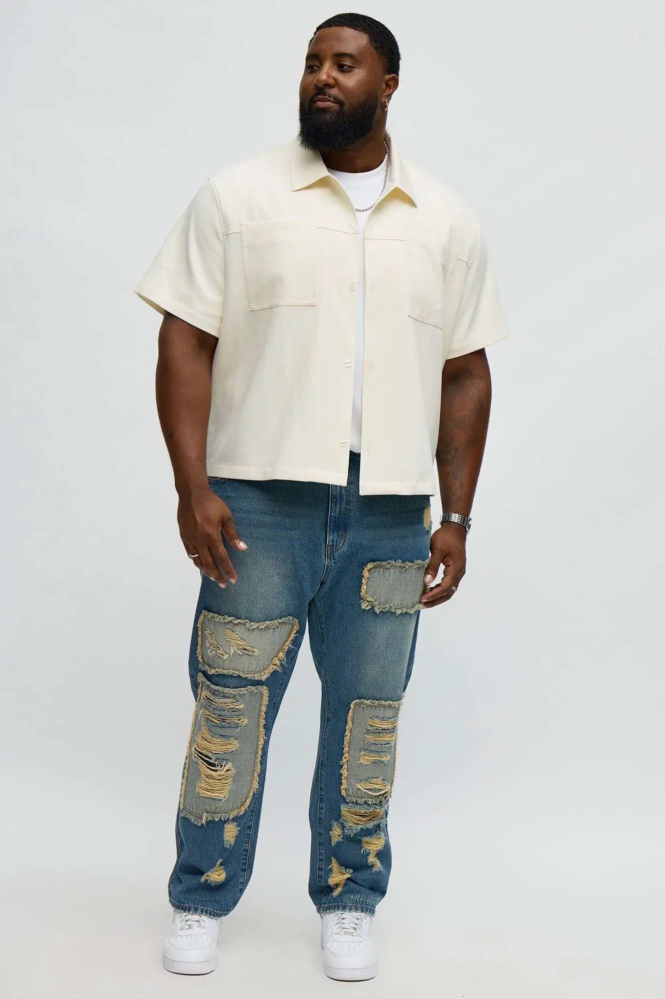Slim Patches With Fray Distressed Jeans - Vintage Blue Wash
