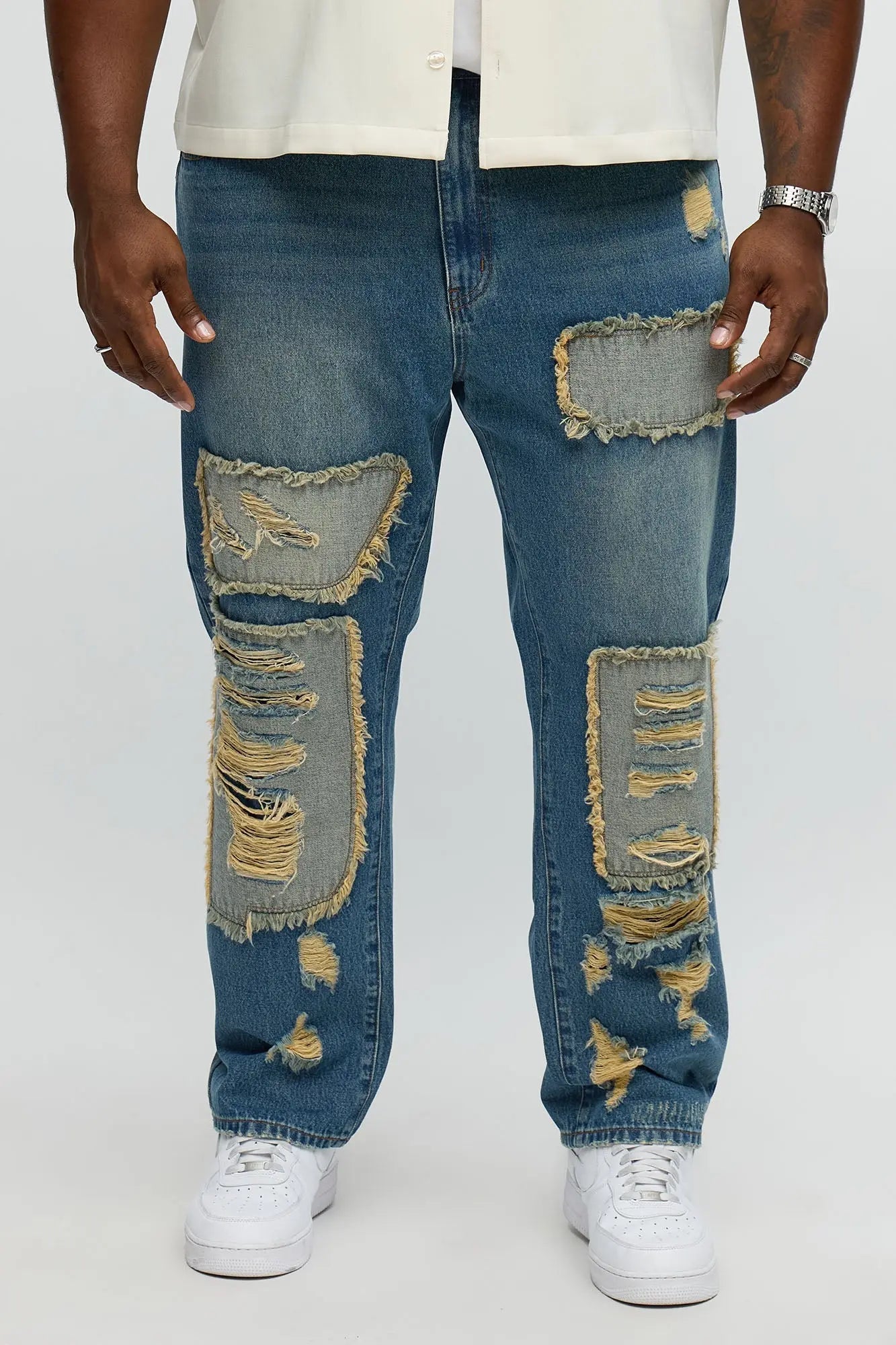 Slim Patches With Fray Distressed Jeans - Vintage Blue Wash