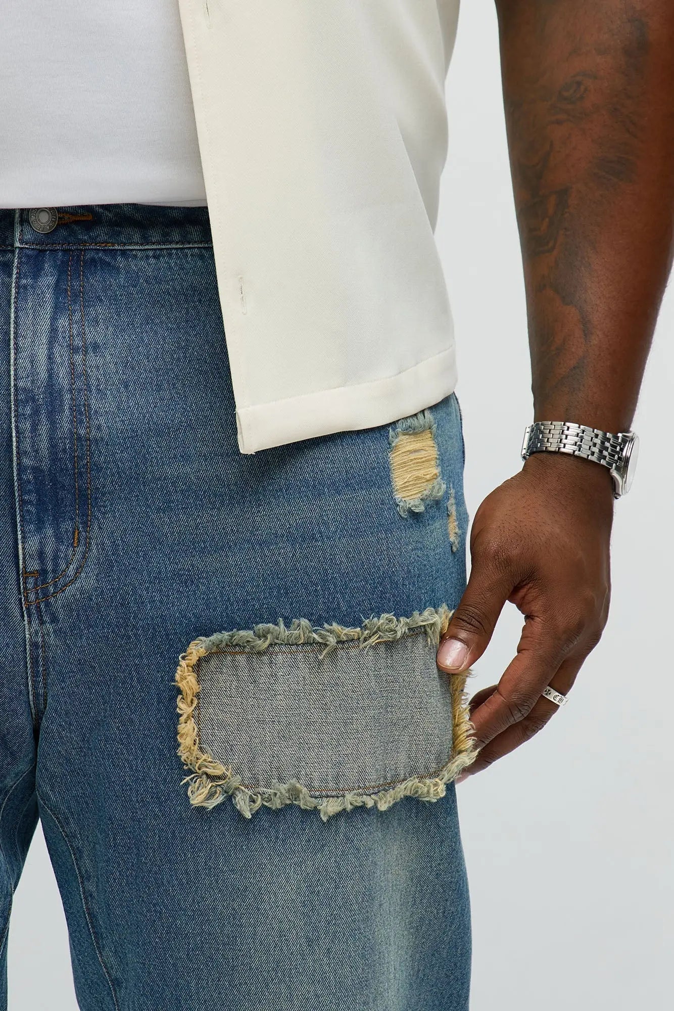 Slim Patches With Fray Distressed Jeans - Vintage Blue Wash
