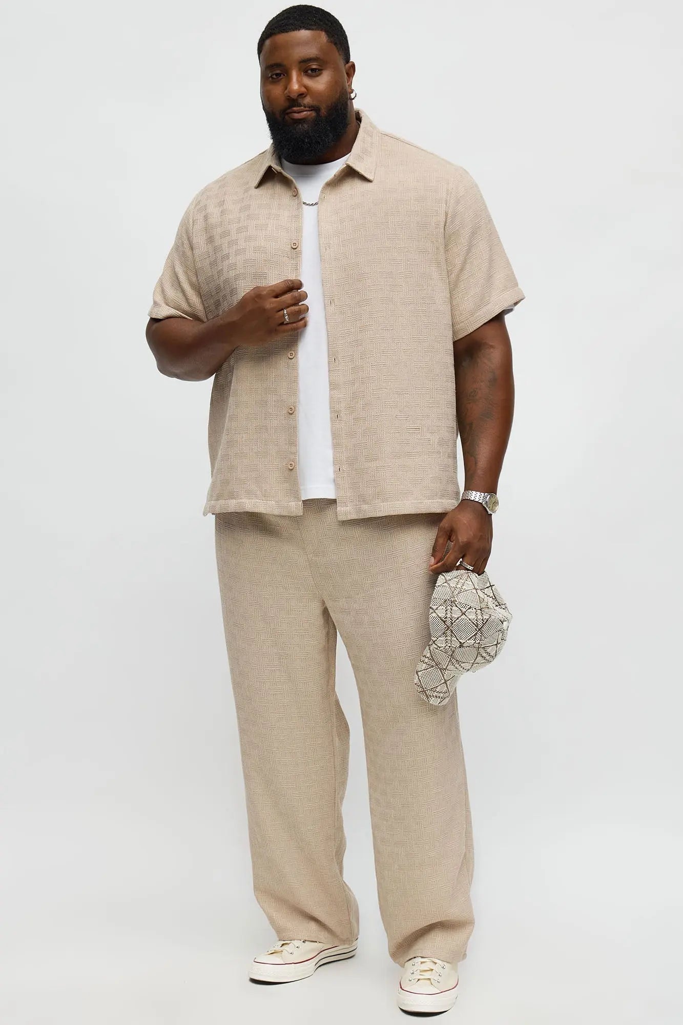 Crosshatch Textured Short Sleeve Button Up Shirt - Taupe