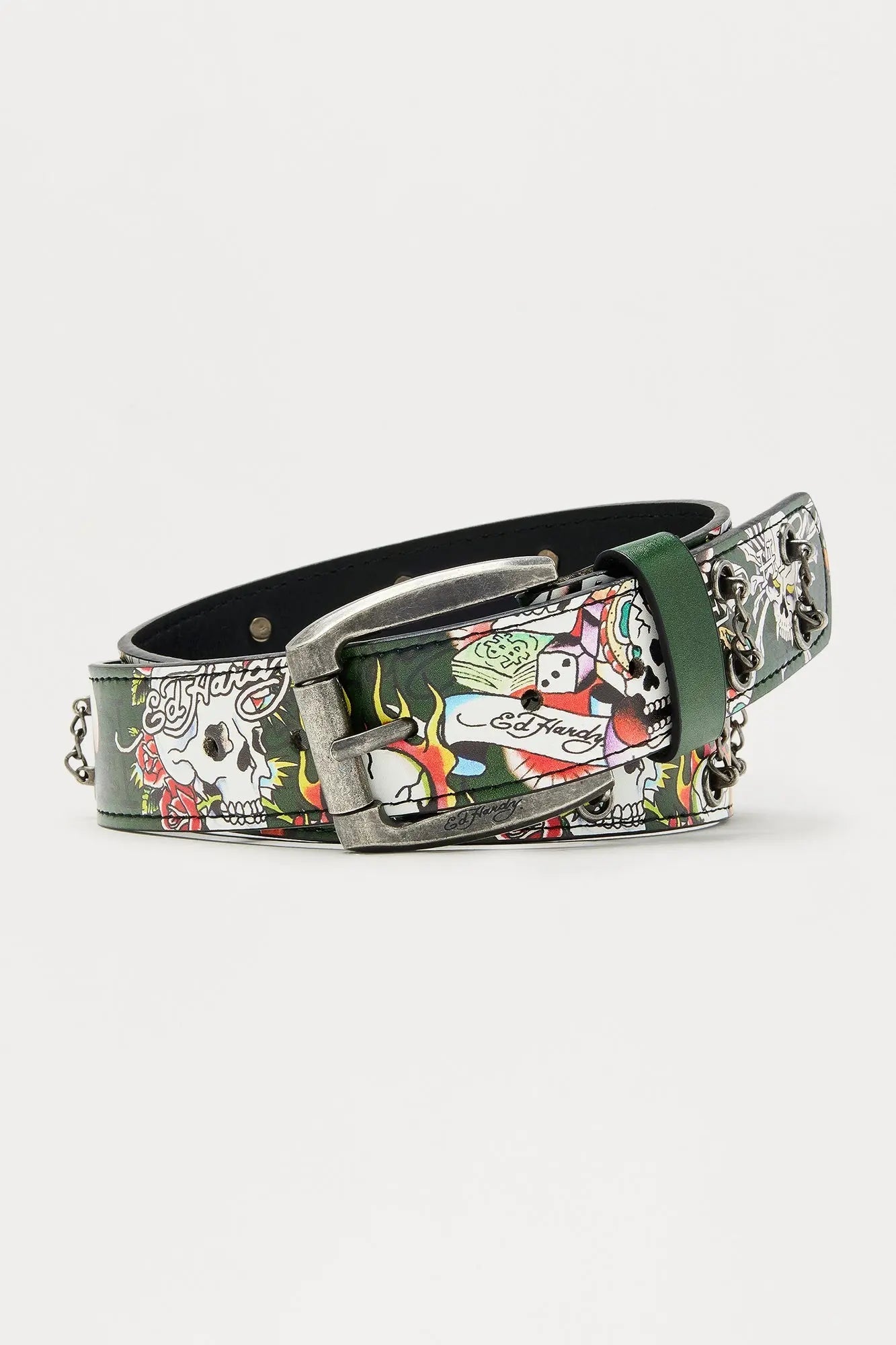 Ed Hardy Skull Tattoo Belt With Chains - Olive