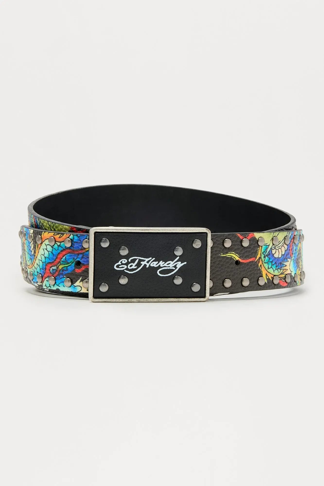 Ed Hardy Dragon Faux Leather Studded Belt - Black/combo