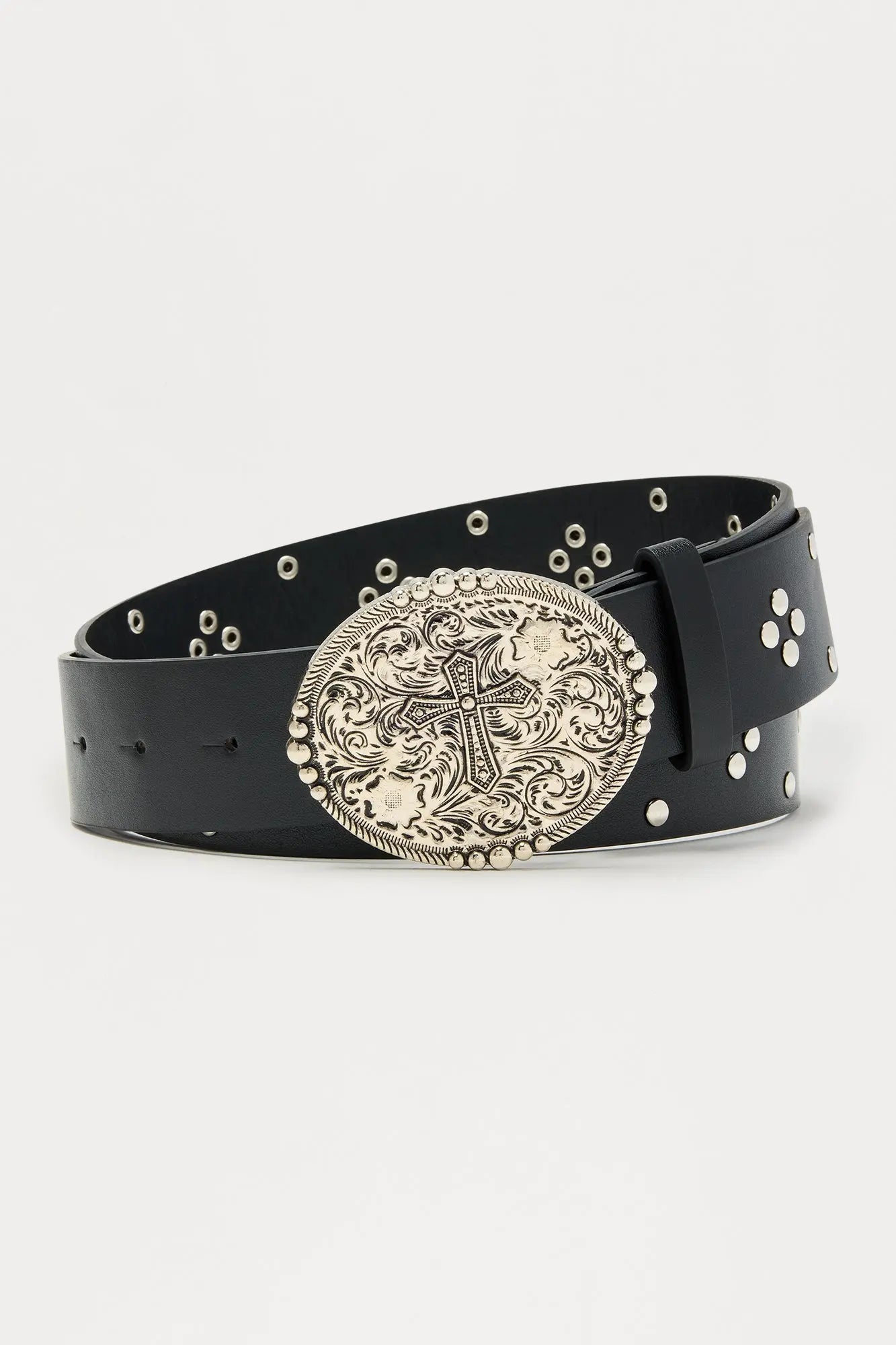 Cross Buckle Studded Faux Leather Belt - Black