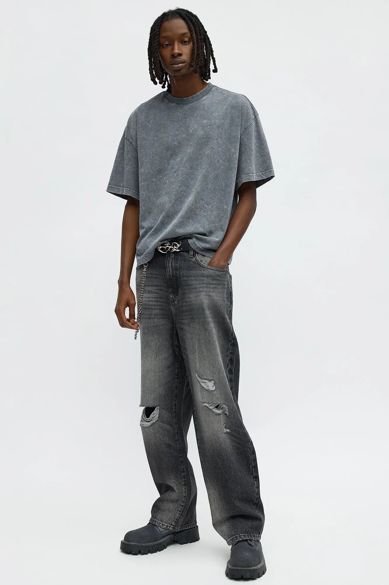 Tinted Acid Wash Boxy Cropped Heavyweight Short Sleeve Tee - Grey
