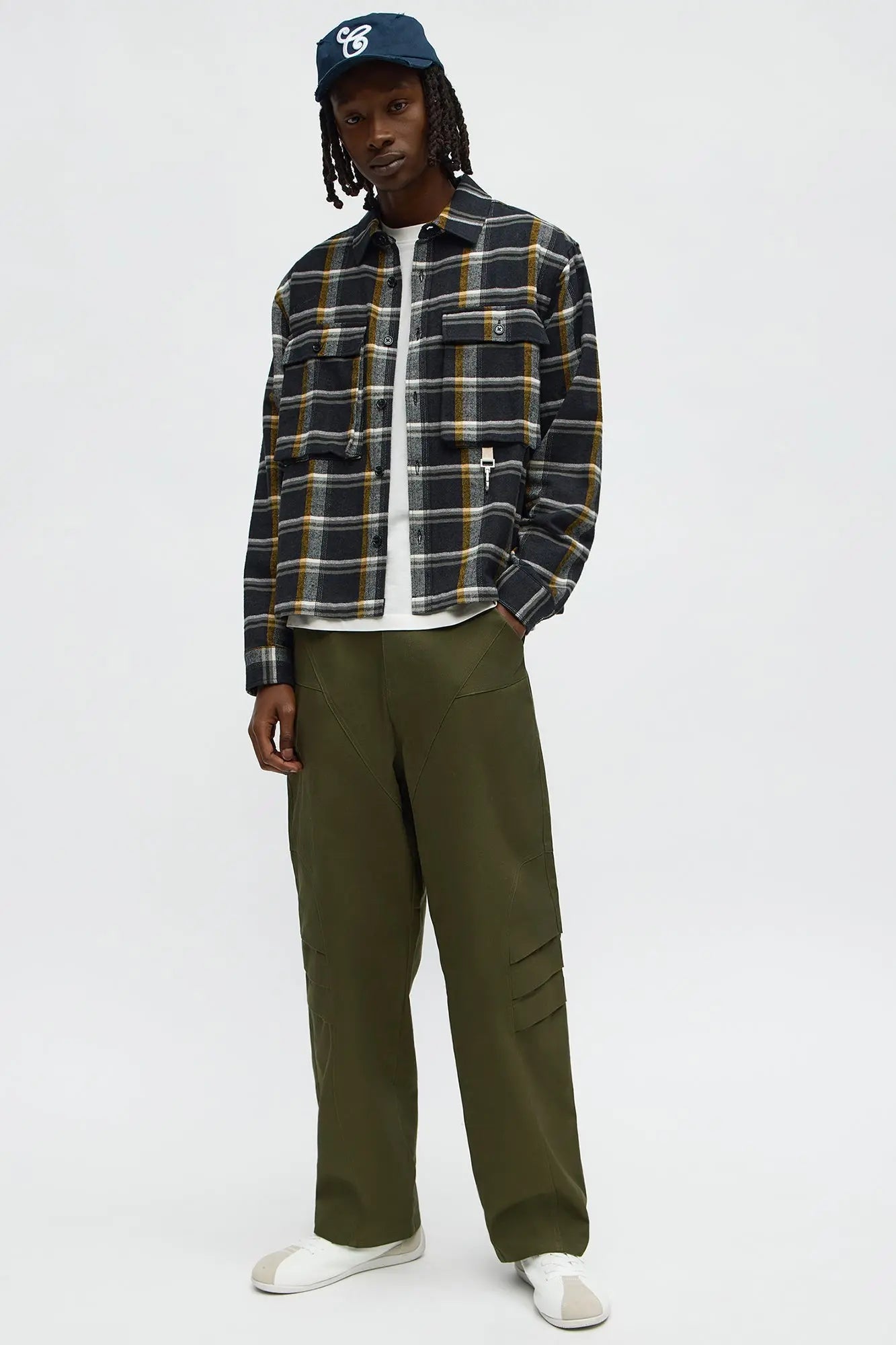Cropped Flannel Hardware Button Up Shirt - Black