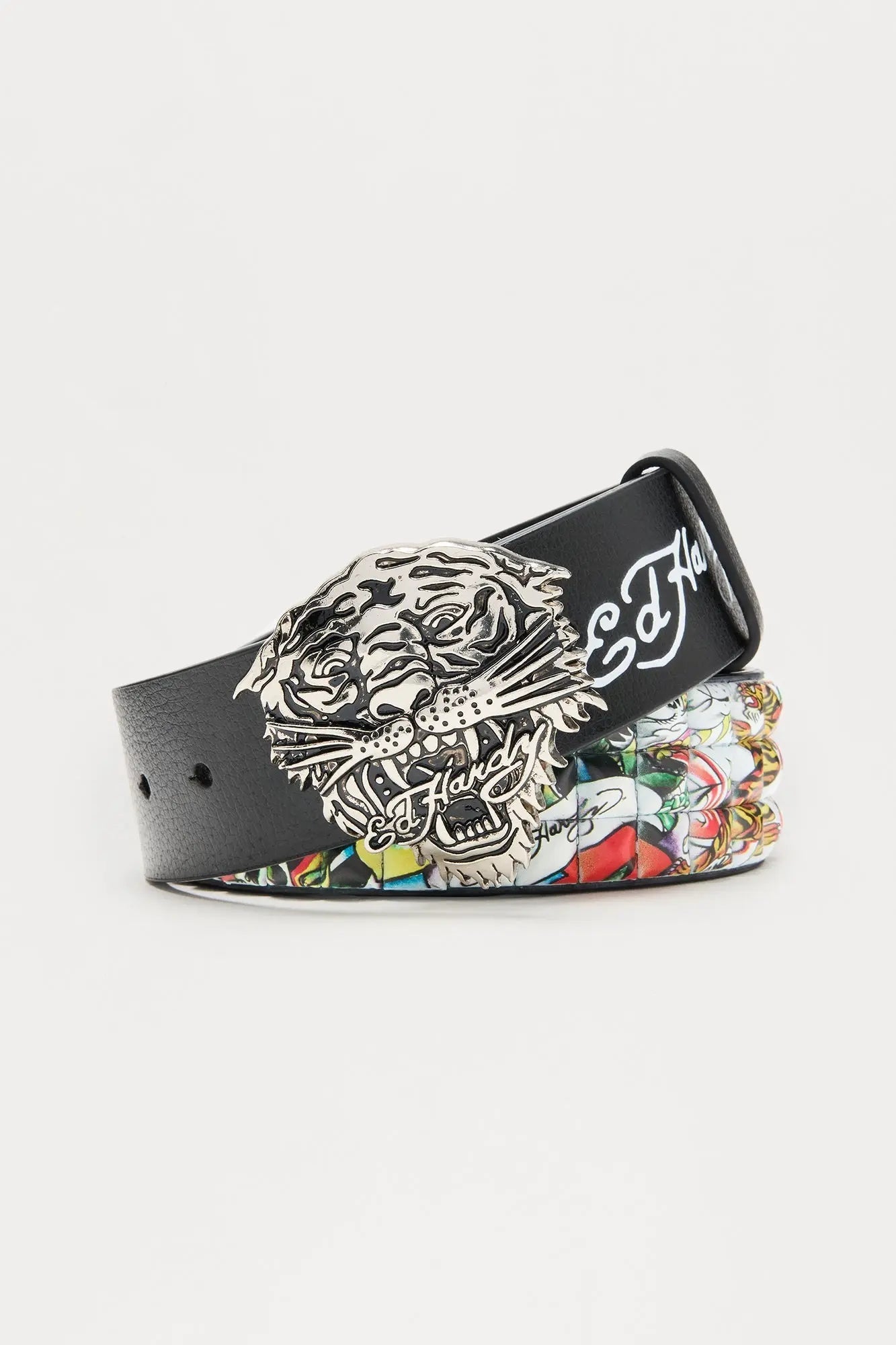 Ed Hardy Tiger Buckle Faux Leather Studded Belt - Black/combo