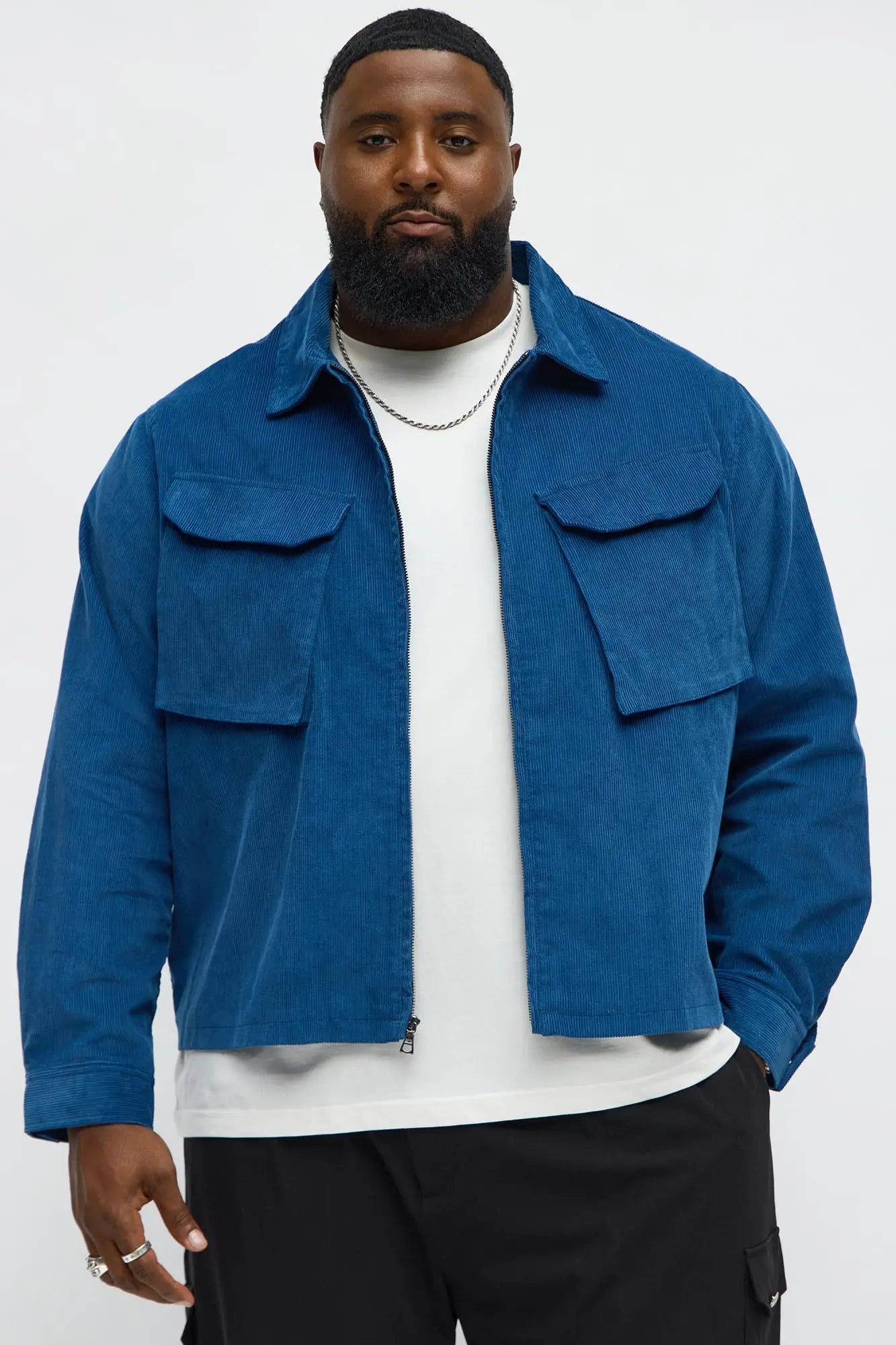 Textured Corduroy Cargo Pocket Zip Jacket - Blue