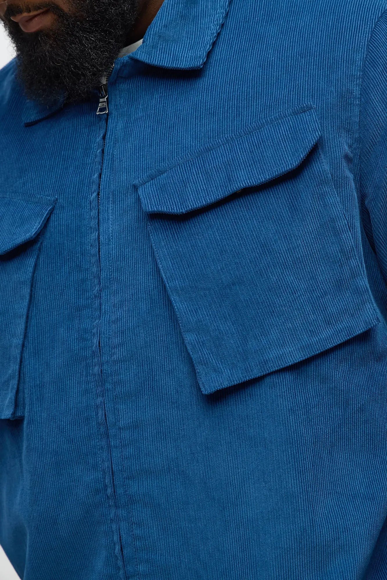 Textured Corduroy Cargo Pocket Zip Jacket - Blue