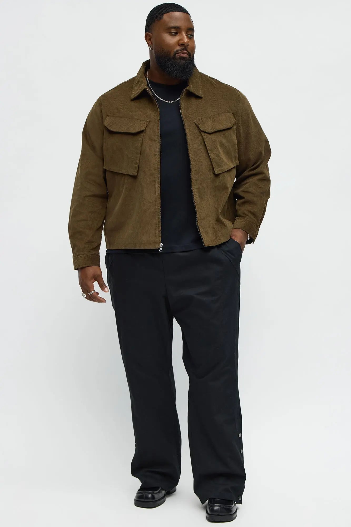 Textured Corduroy Cargo Pocket Zip Jacket - Brown