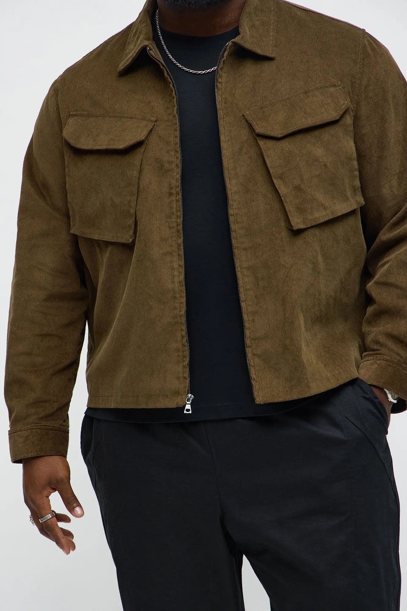 Textured Corduroy Cargo Pocket Zip Jacket - Brown