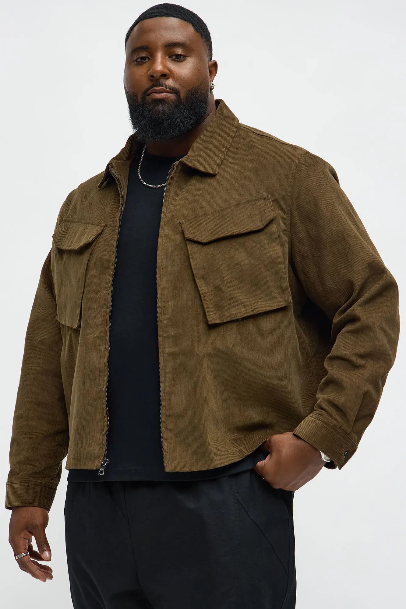 Textured Corduroy Cargo Pocket Zip Jacket - Brown