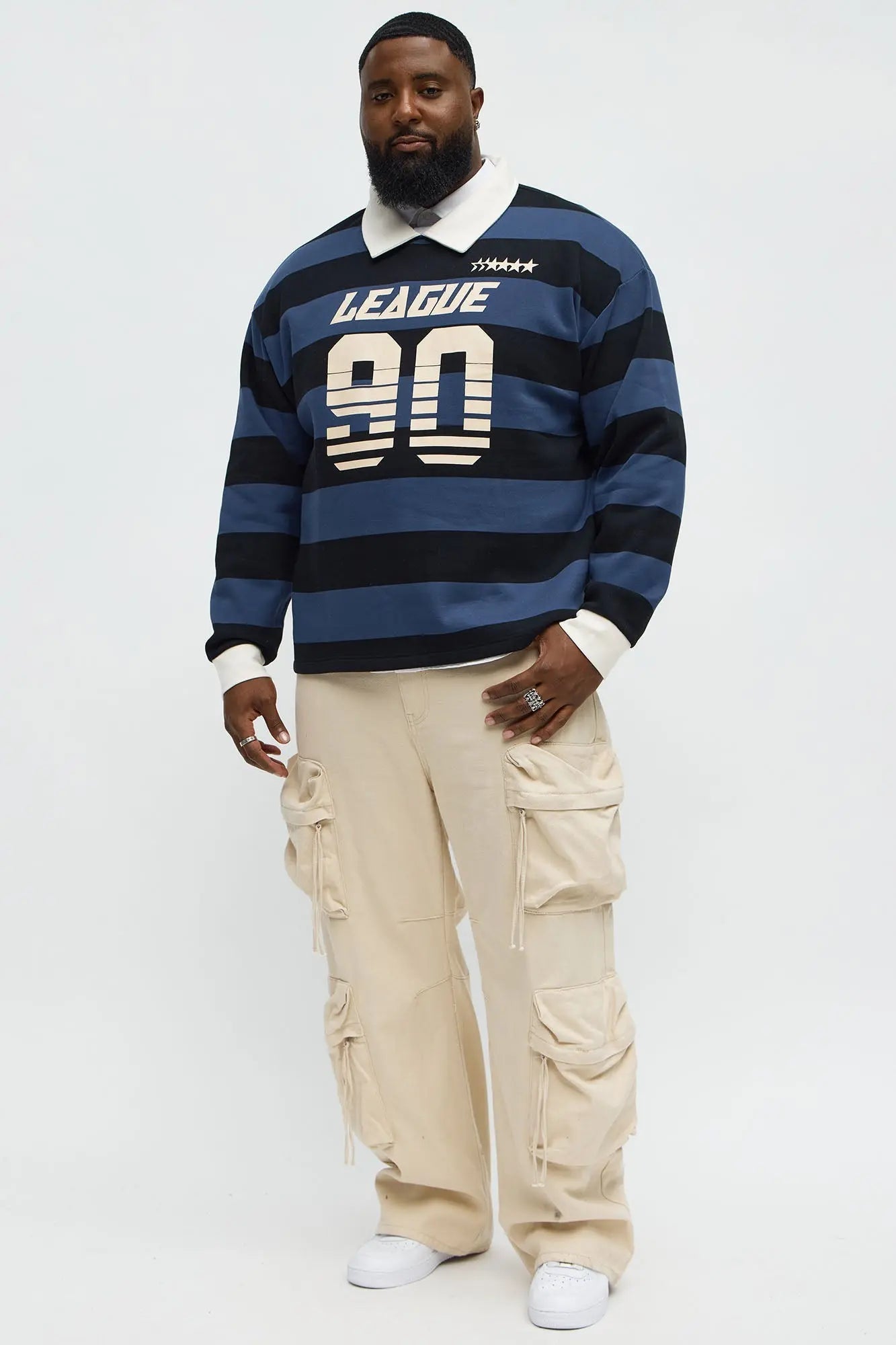 League Stripe Fleece Long Sleeve Polo - Navy/Multi