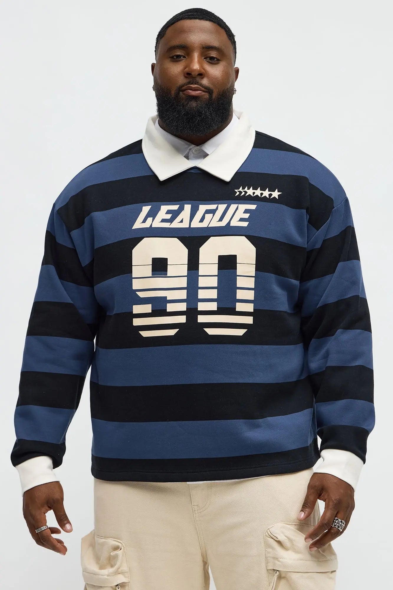 League Stripe Fleece Long Sleeve Polo - Navy/Multi