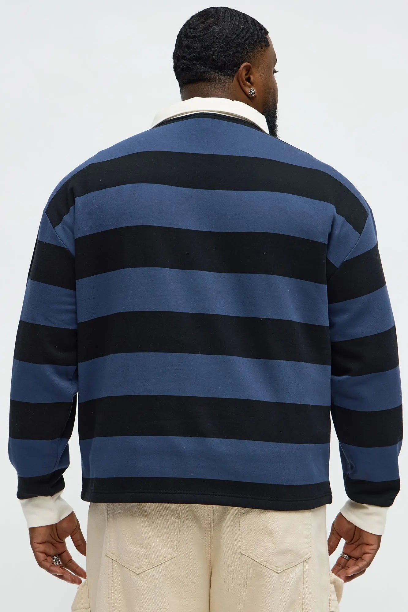 League Stripe Fleece Long Sleeve Polo - Navy/Multi