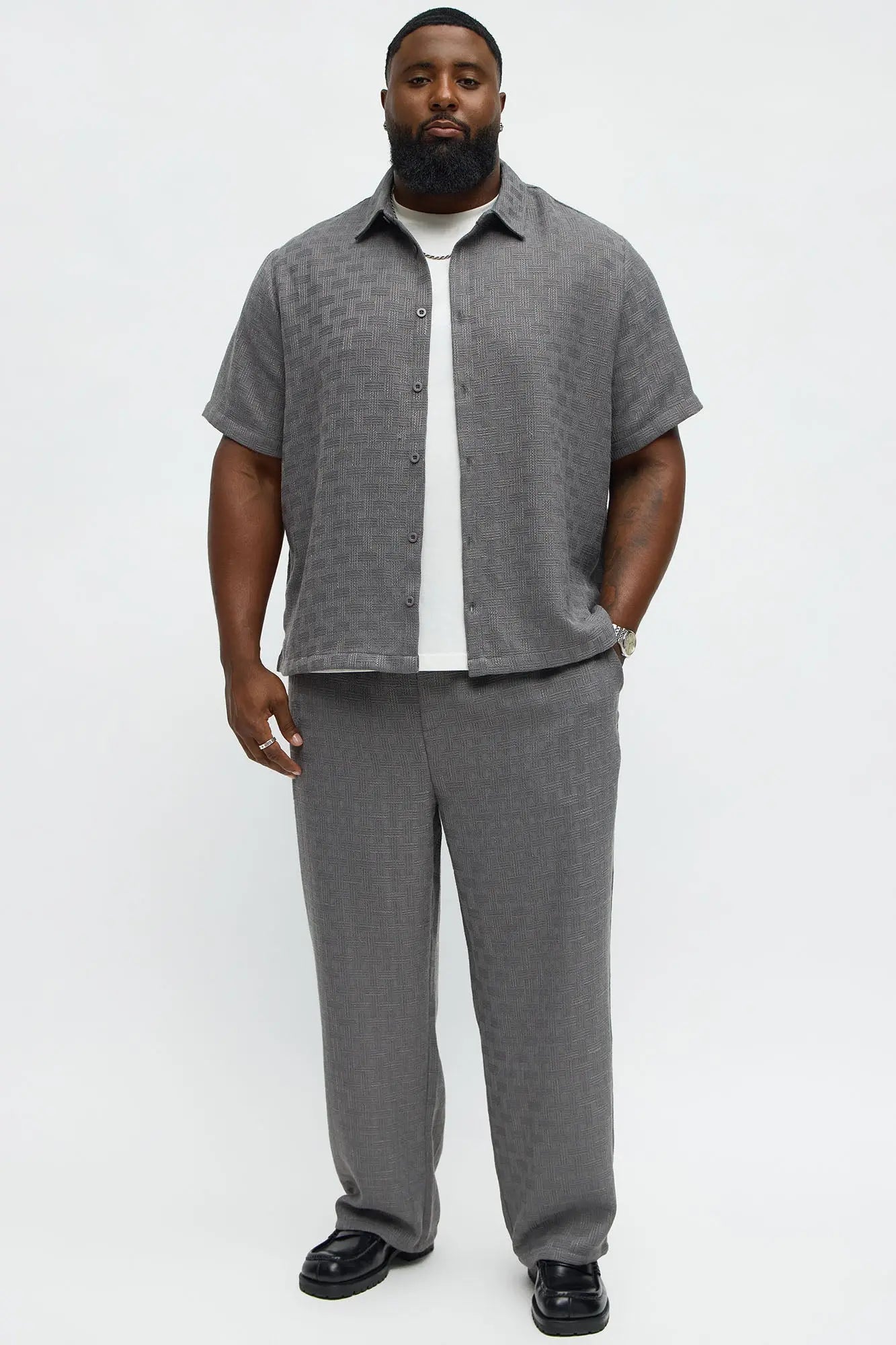 Crosshatch Textured Short Sleeve Button Up Shirt - Grey