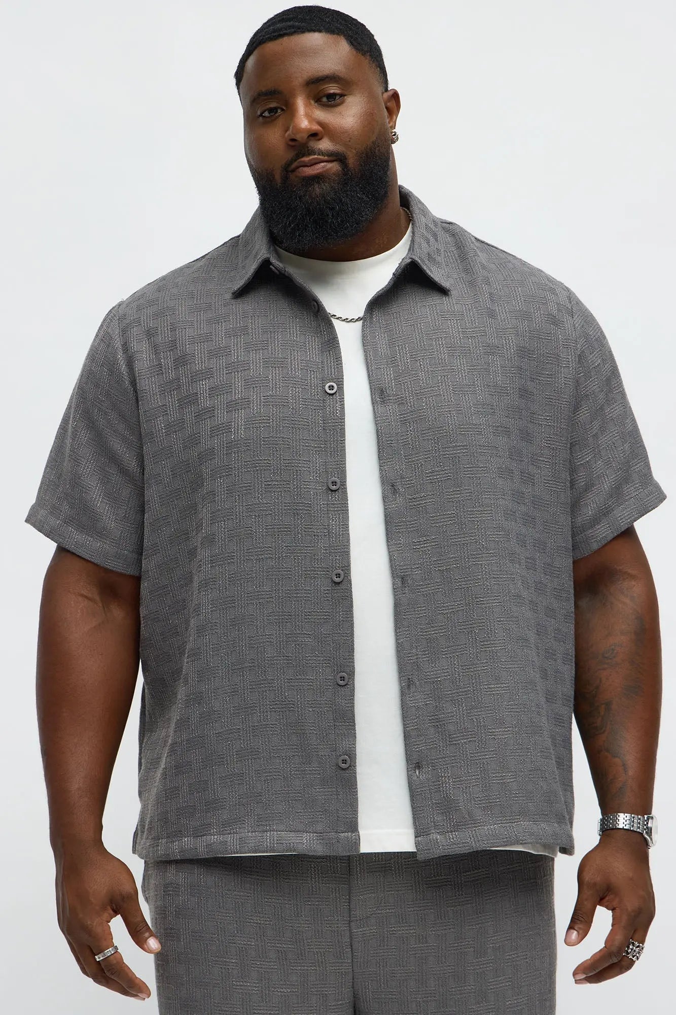 Crosshatch Textured Short Sleeve Button Up Shirt - Grey
