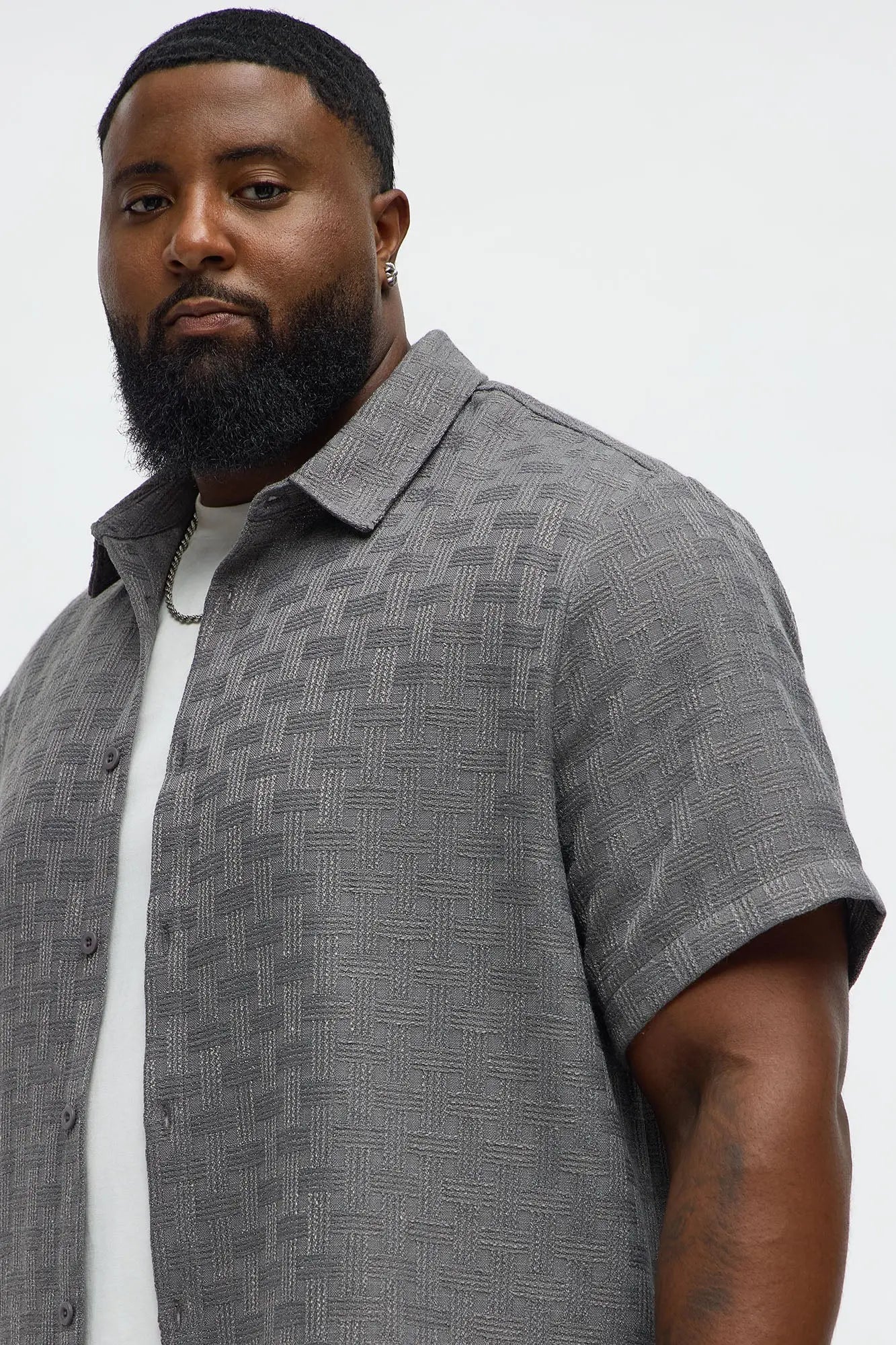 Crosshatch Textured Short Sleeve Button Up Shirt - Grey