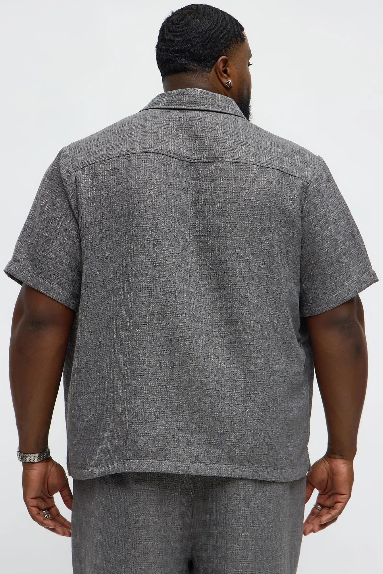 Crosshatch Textured Short Sleeve Button Up Shirt - Grey