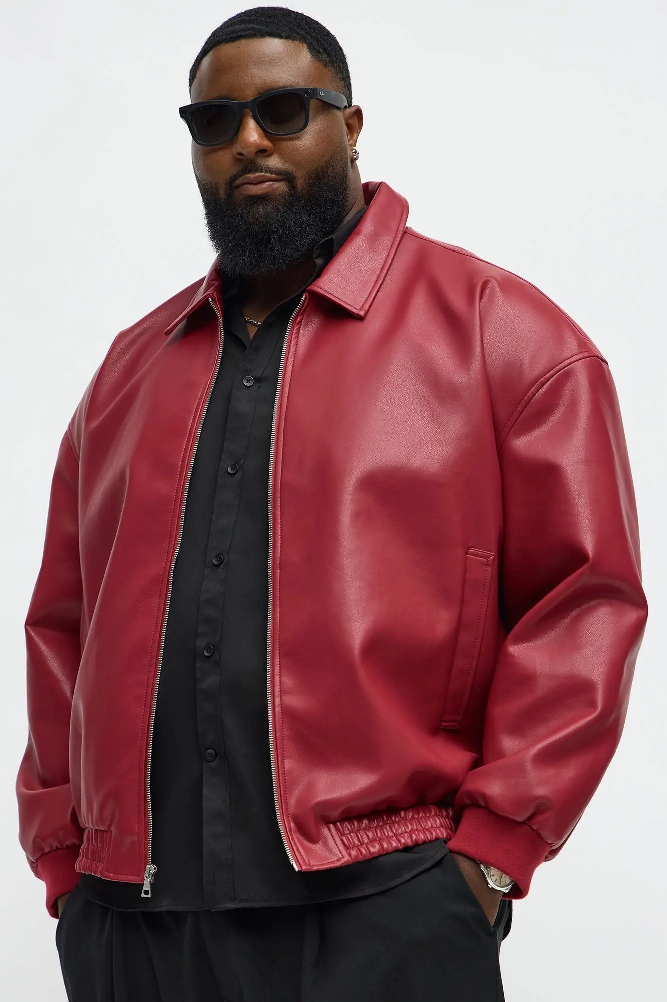 Faux Leather Work Jacket - Red