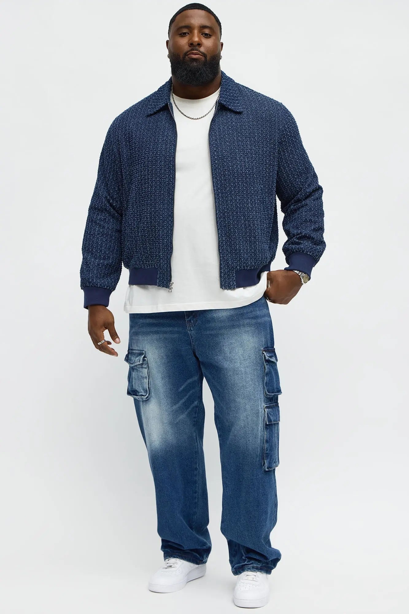 Textured Washed Fray Zip Jacket - Blue/combo