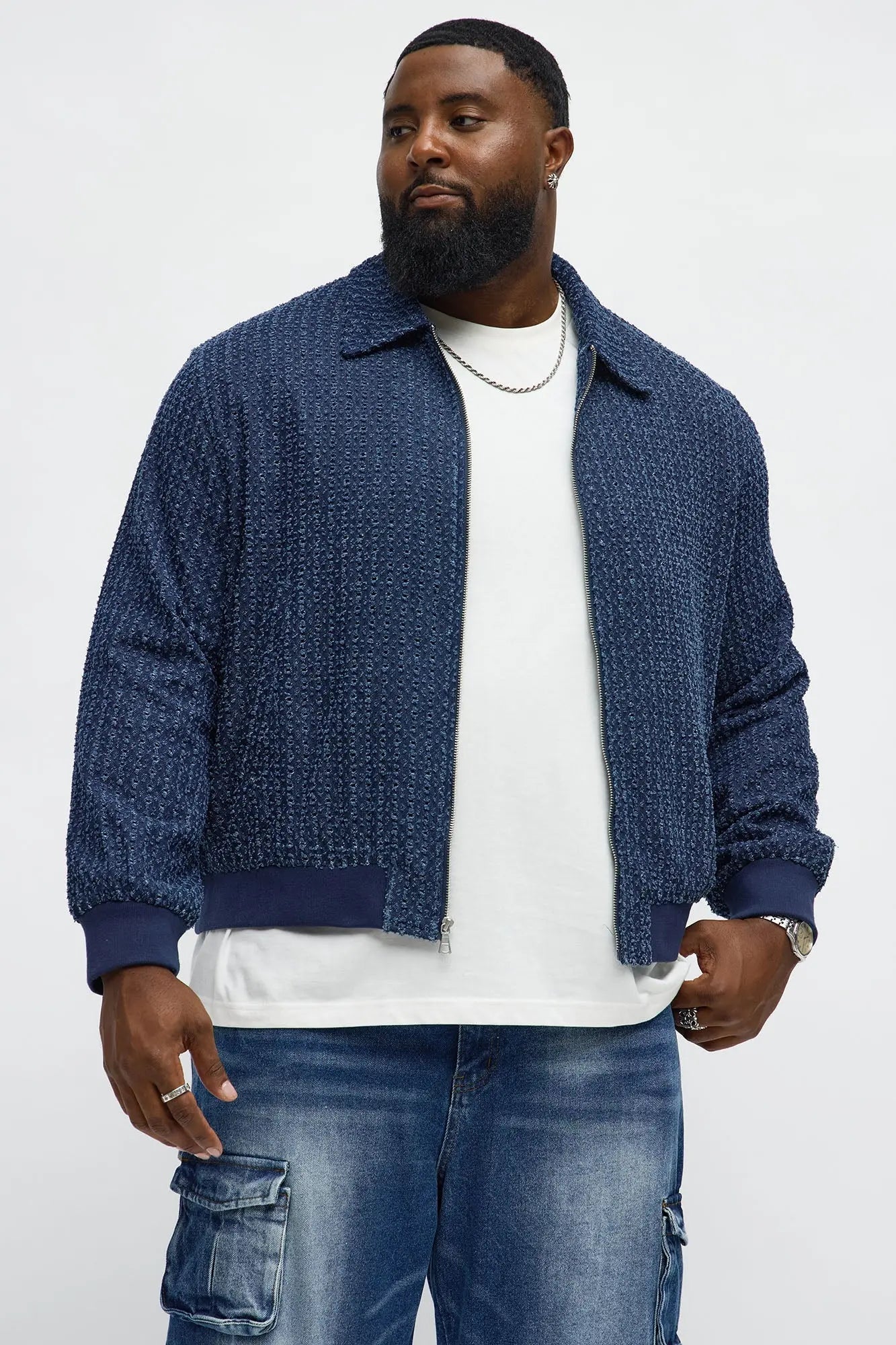 Textured Washed Fray Zip Jacket - Blue/combo