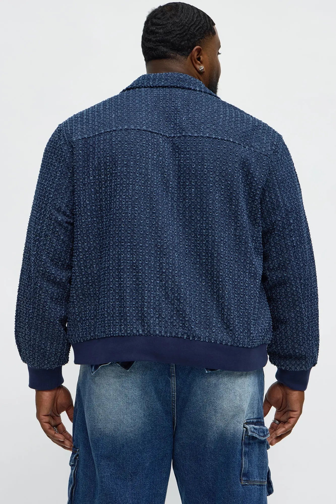 Textured Washed Fray Zip Jacket - Blue/combo