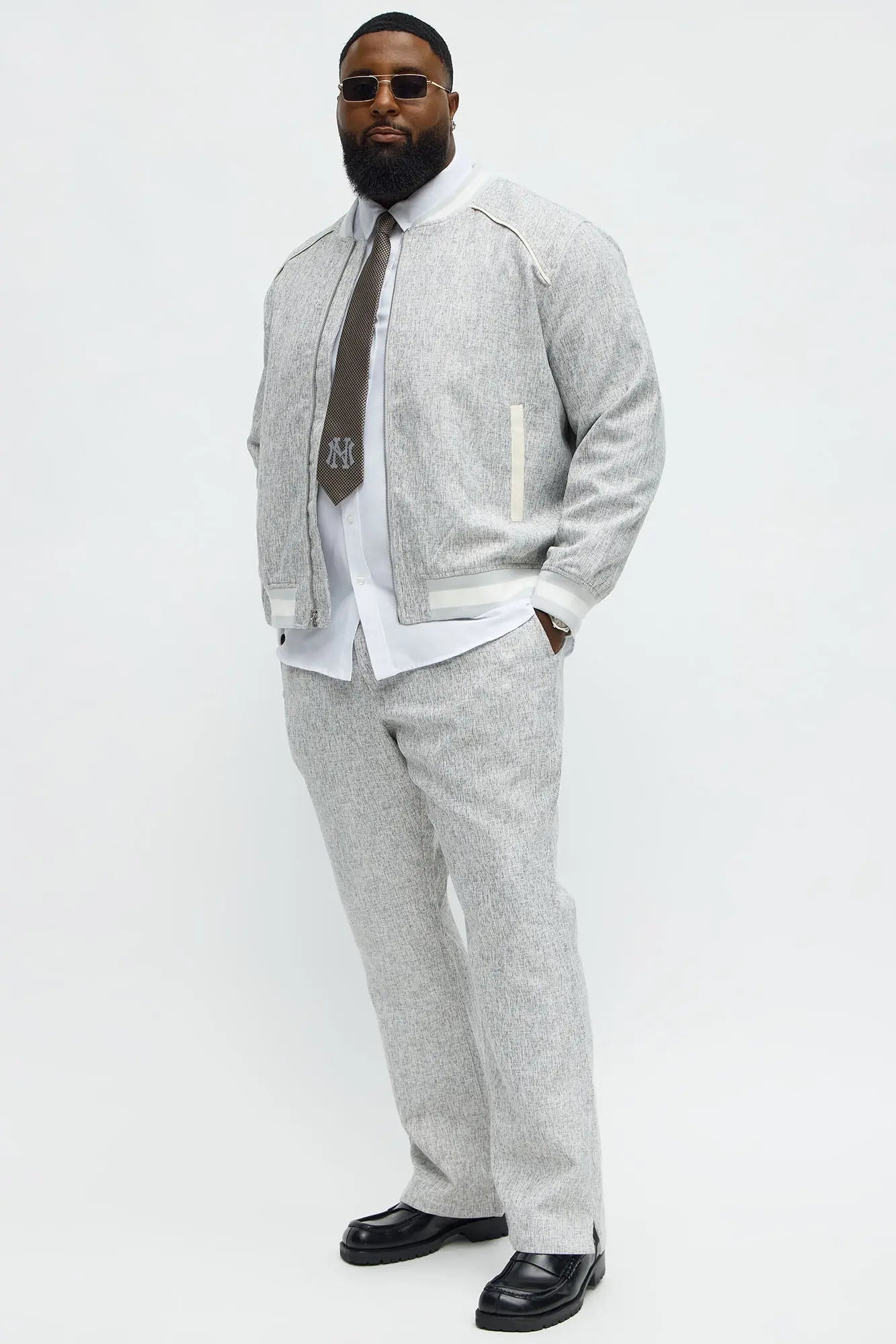 Tweed Textured Double Zip Bomber Jacket - Grey/combo