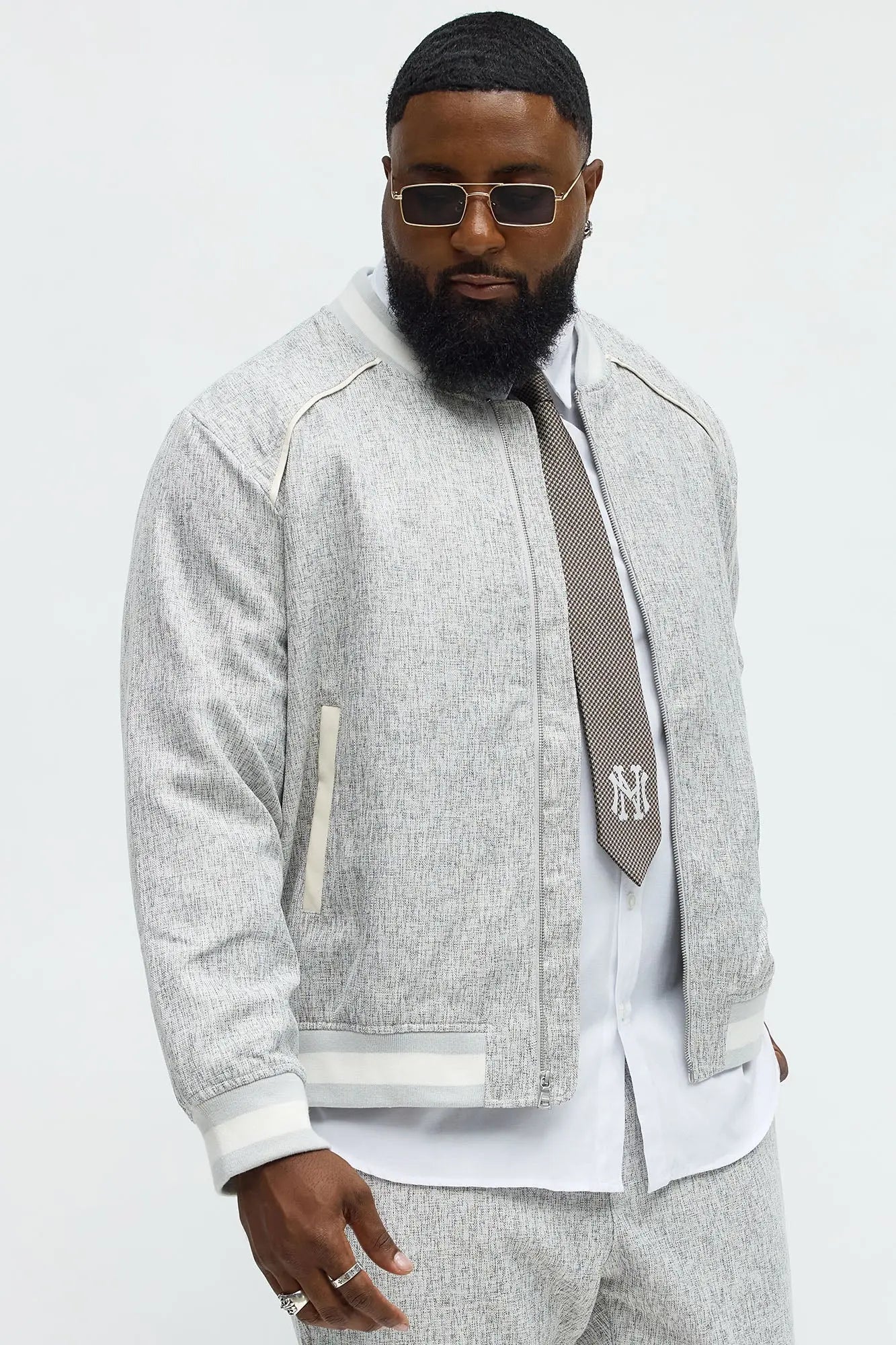 Tweed Textured Double Zip Bomber Jacket - Grey/combo