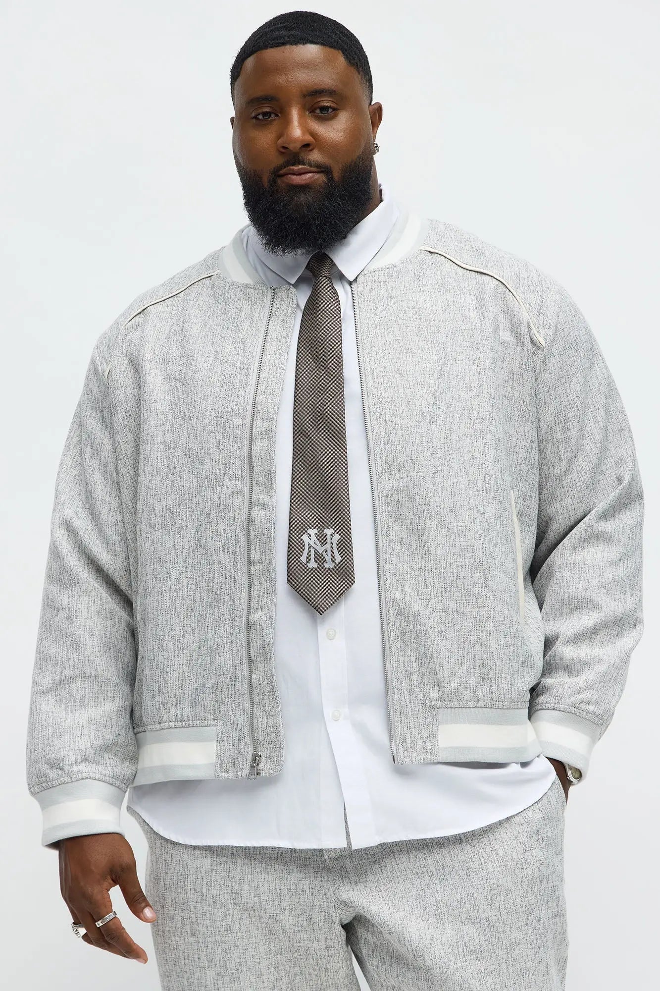 Tweed Textured Double Zip Bomber Jacket - Grey/combo