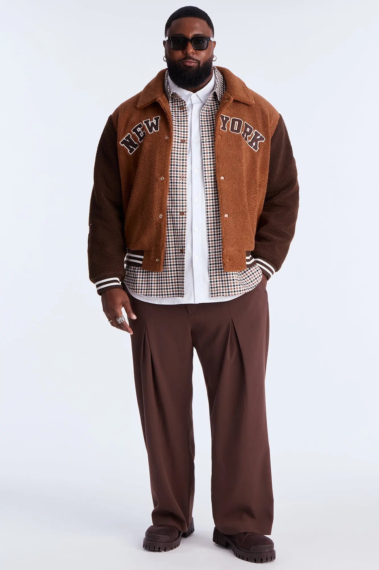 Relaxed Textured New York Sherpa Varsity Jacket - Brown/combo