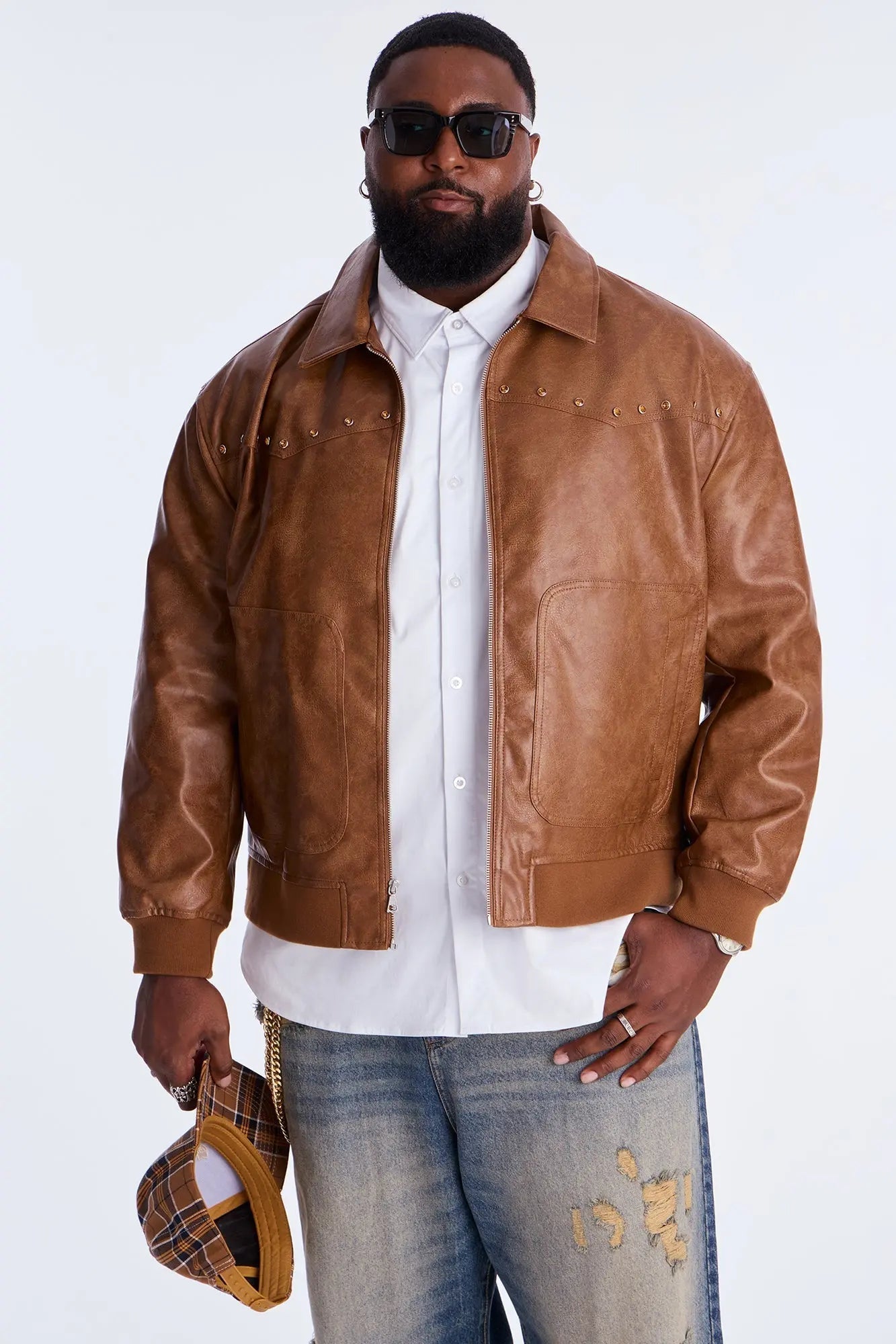 Western Rhinestone Faux Leather Jacket - Brown