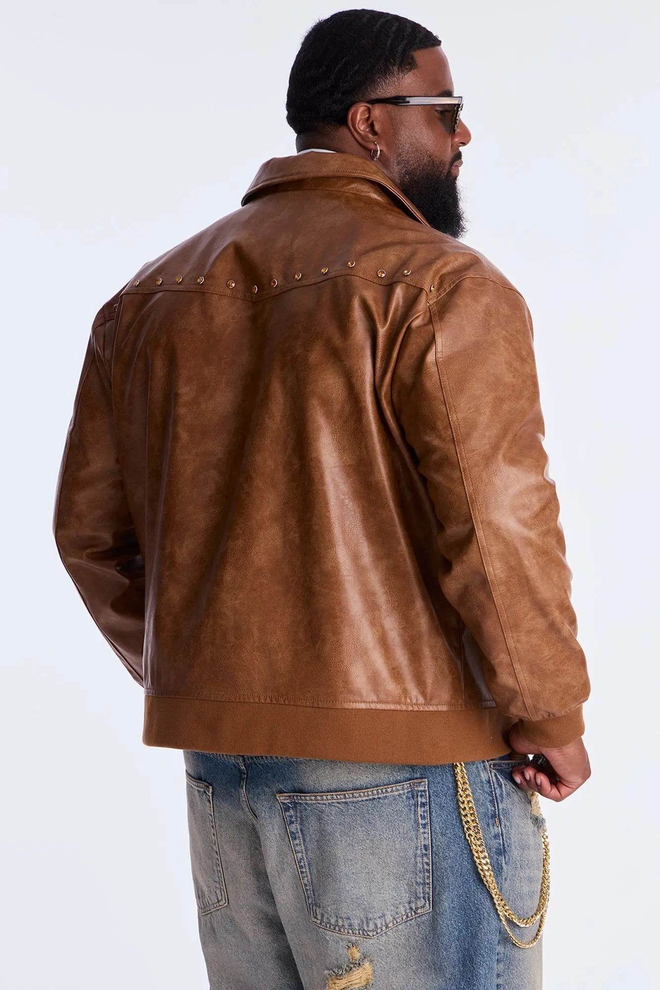 Western Rhinestone Faux Leather Jacket - Brown