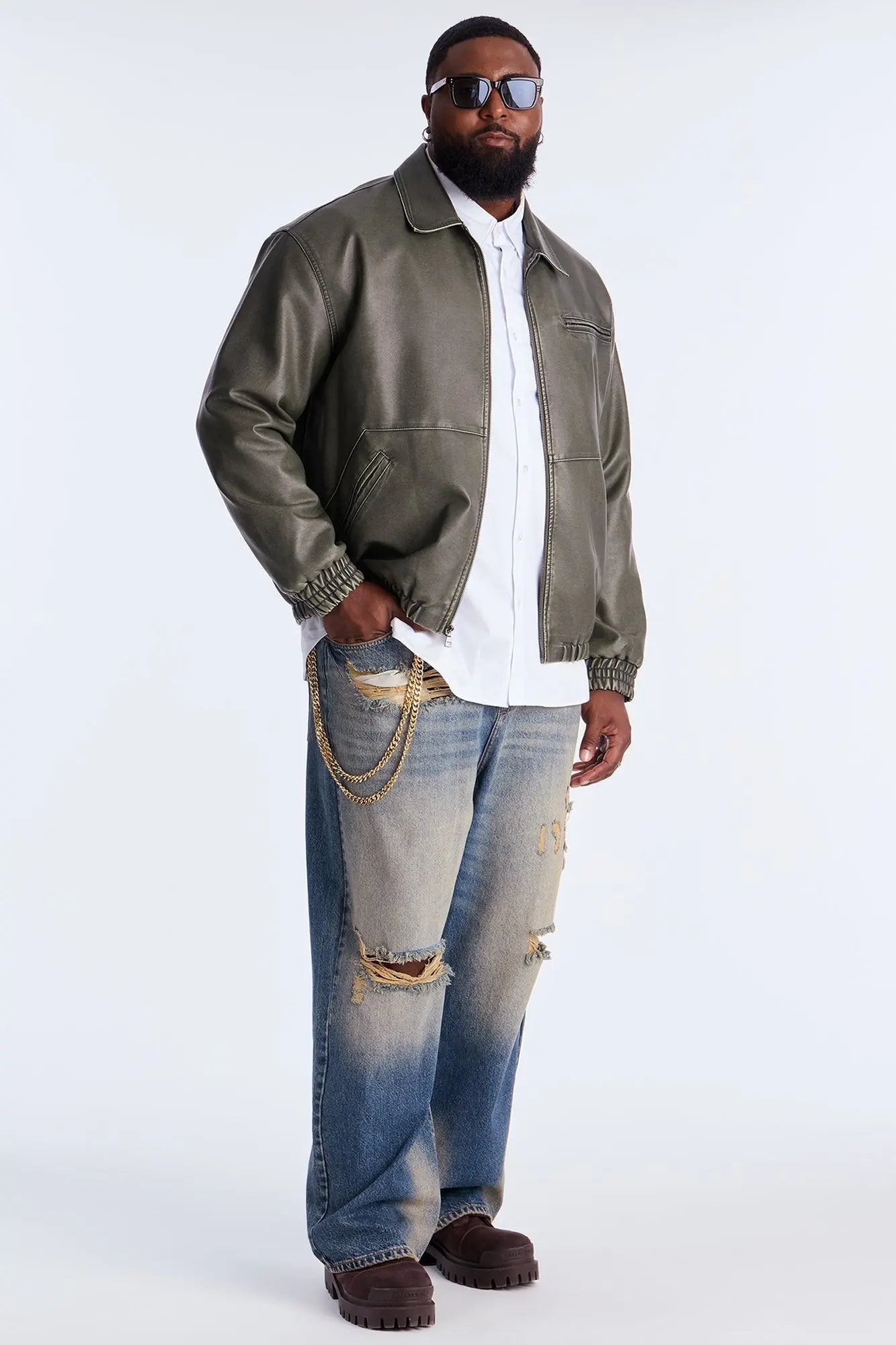 Relaxed Faux Leather Blurred Lines Zip Jacket - Green