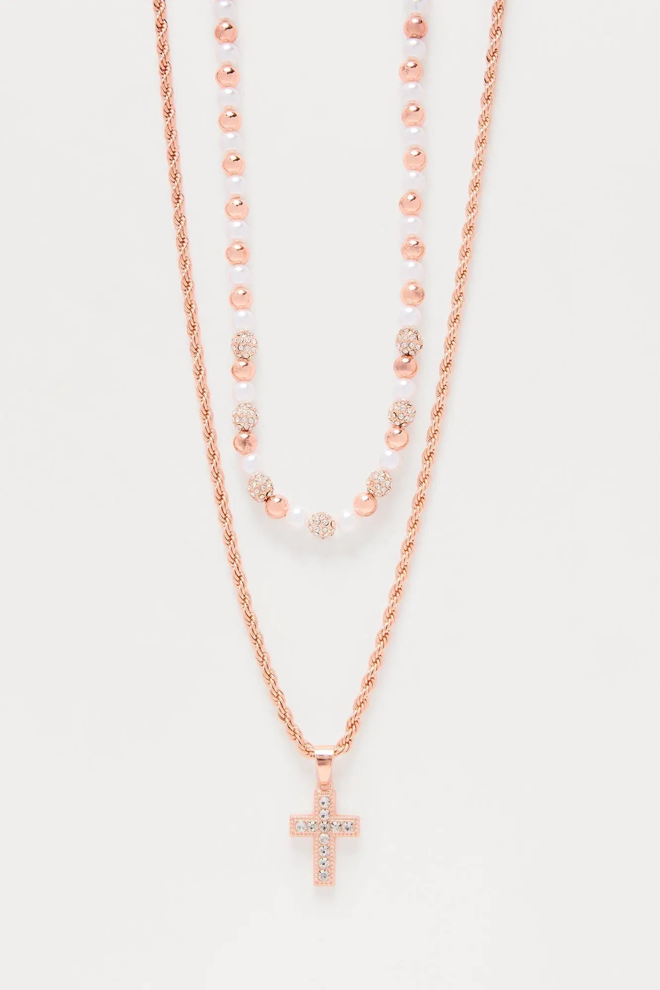 Iced Pearl Cross Necklace Set - Rose Gold