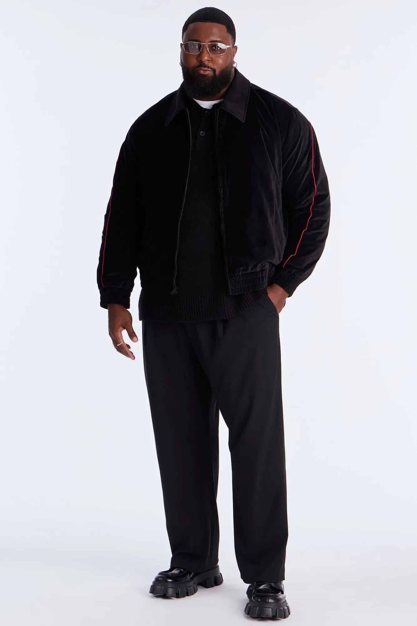 Cropped Around The Track Faux Velour Piped Zip Jacket - Black