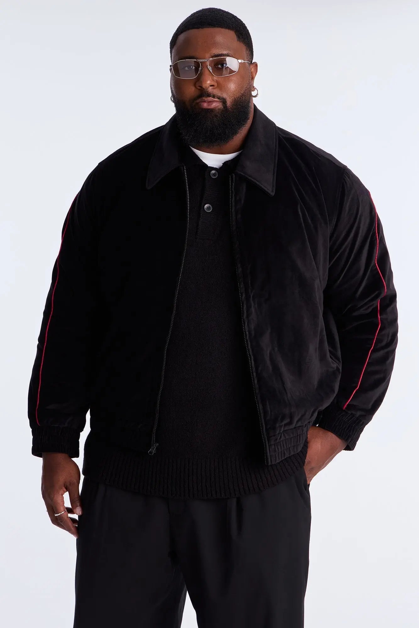 Cropped Around The Track Faux Velour Piped Zip Jacket - Black