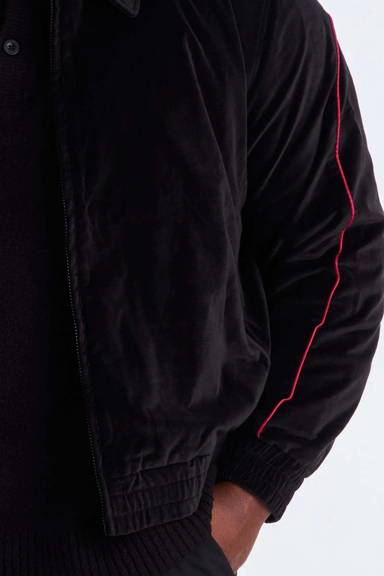 Cropped Around The Track Faux Velour Piped Zip Jacket - Black