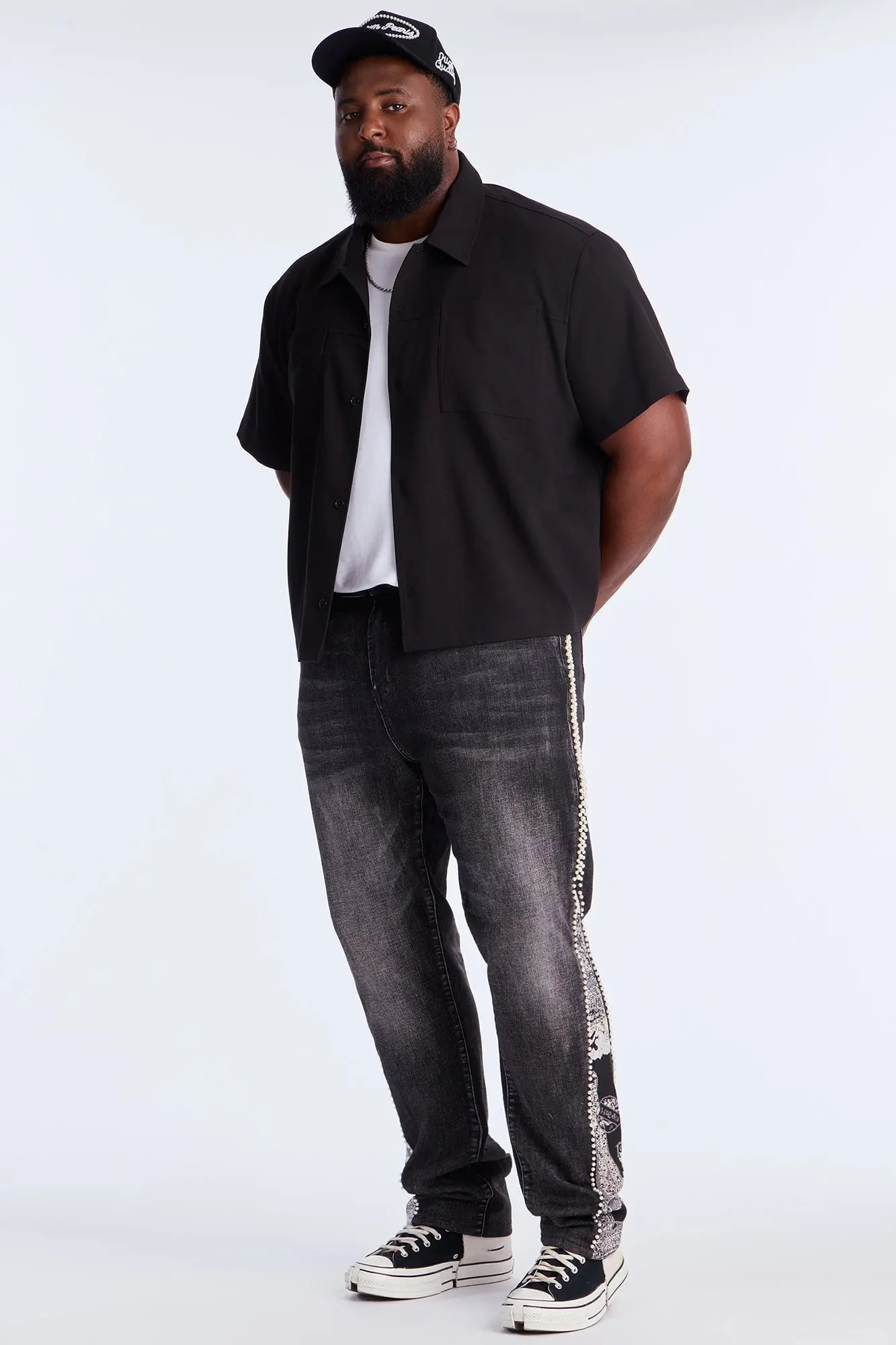 Straight Pearl Panel Tapestry Jean - Black Wash