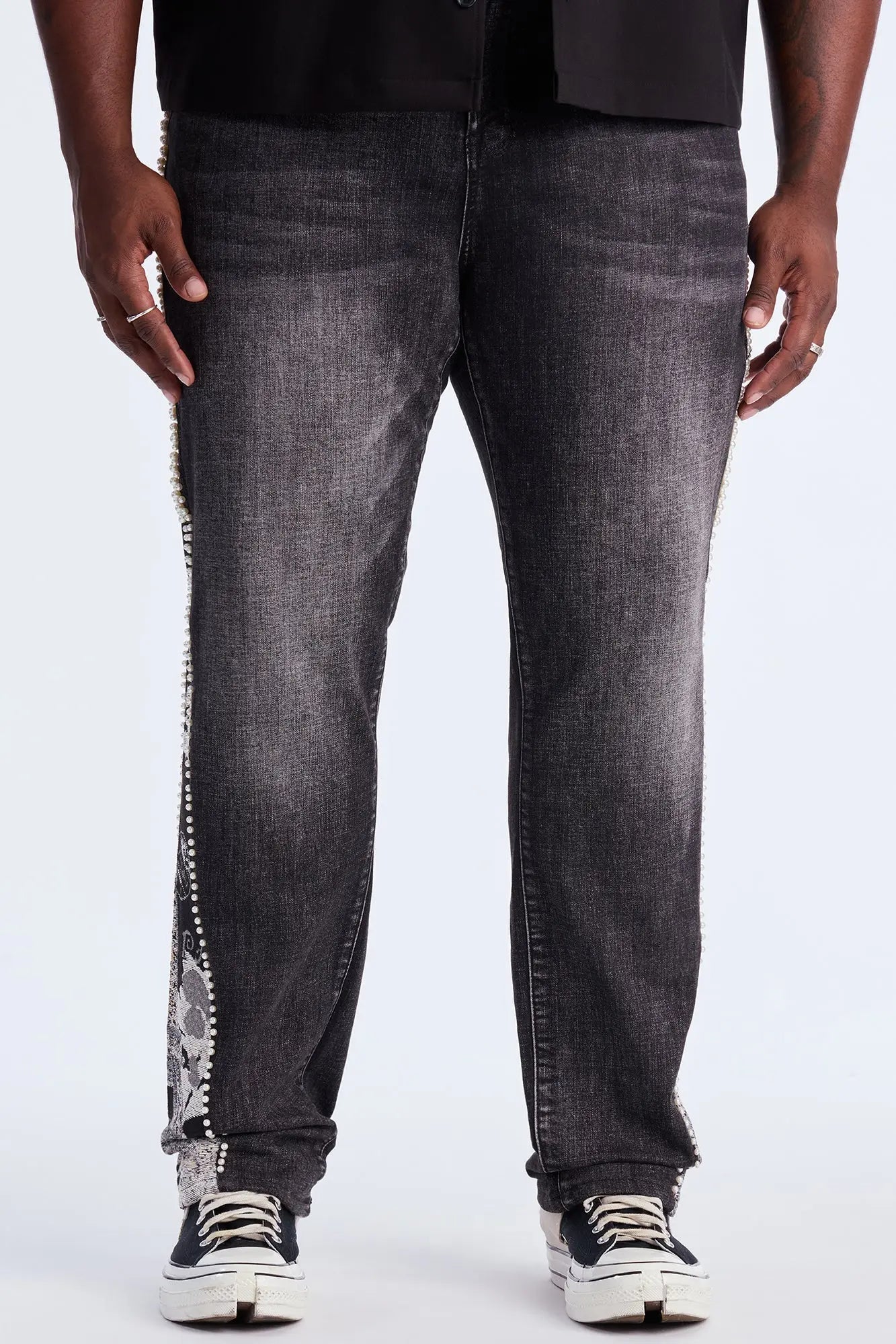 Straight Pearl Panel Tapestry Jean - Black Wash